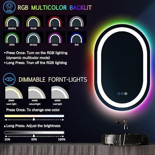 Miniatura 4 de THEKLA Espejo de tocador LED ovalado de 20 x 32 pulgadas con luces, regulable, 3 color+arco iris RGB que cambia de color, retroiluminado de 32