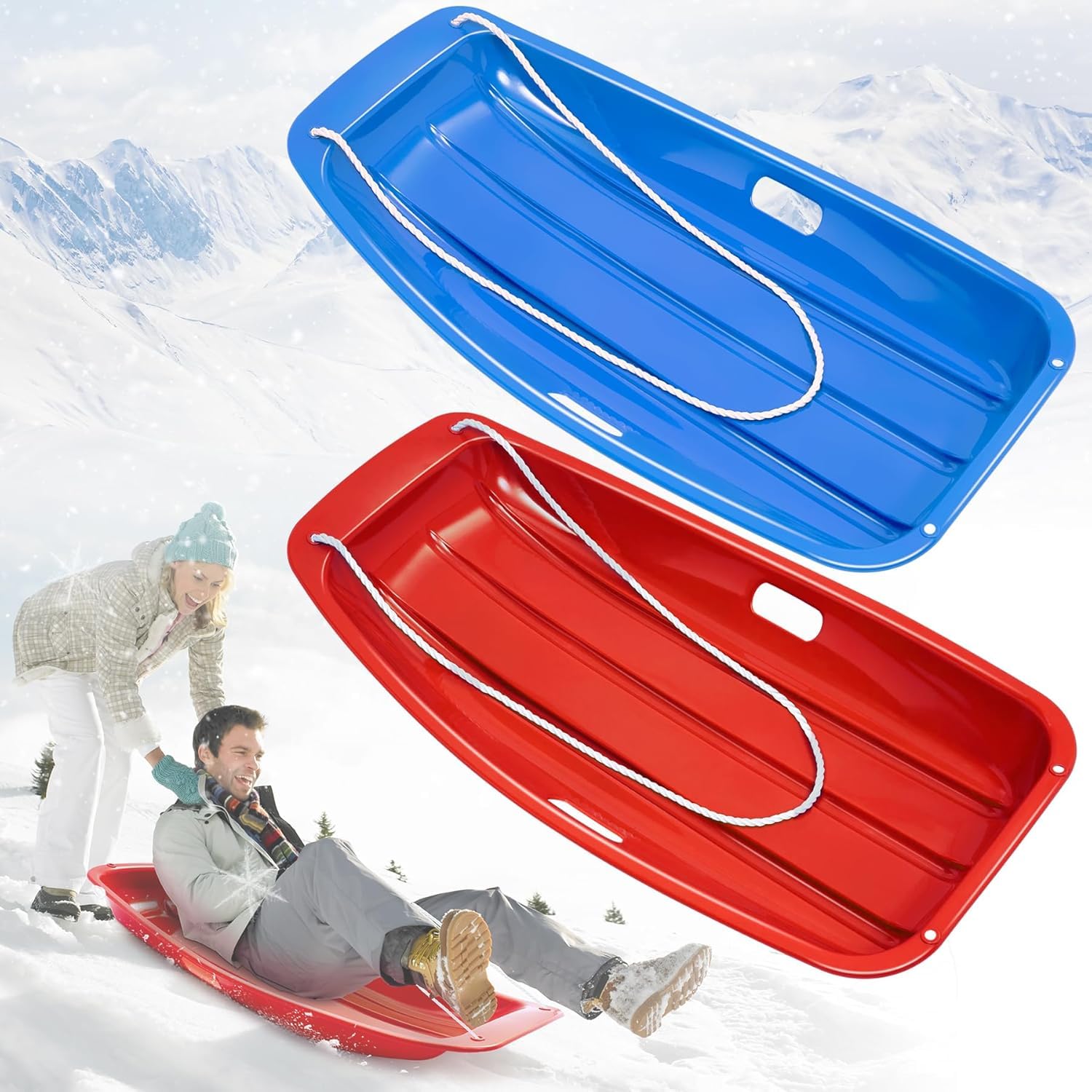 Trineo de Nieve de 2 Piezas Resistente con Cuerda de Tracción Capacidad 400 Libras para Adultos y Niños