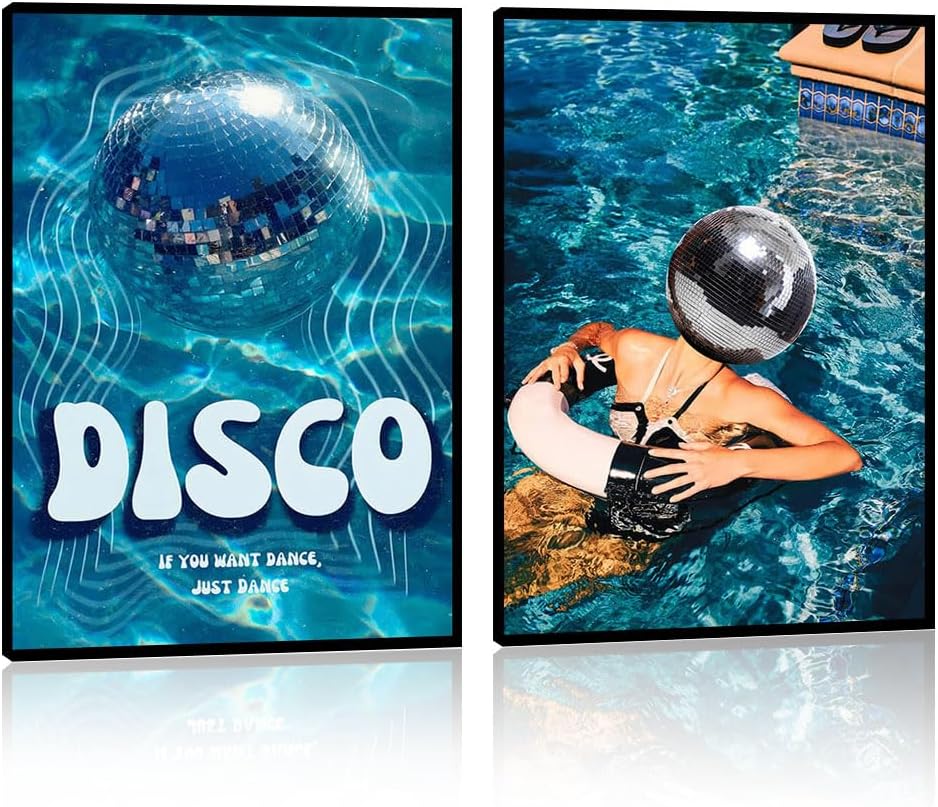 2pcs Framed Funny Disco Ball Bathroom Canvas Pink Wall Art Decor Posters Funky Girly College Apartment Wall Decor Print Posters for Living Room Ready to Hang (Girl Wall Art, 16x24inch (40x60cm))