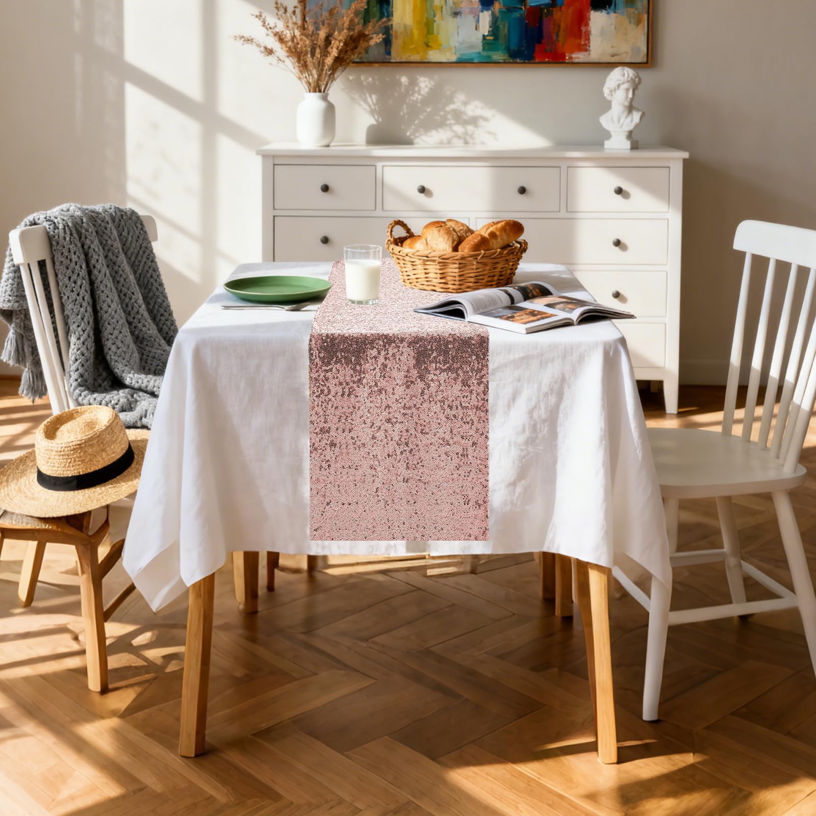 Bieżnik na stół z cekinami 183 cm długi świąteczny brokatowy bieżnik na stół na imprezę, ślub, baby shower, dekoracje imprezowe, opakowanie 10 sztuk, 30 x 183 cm długości, różowe złoto