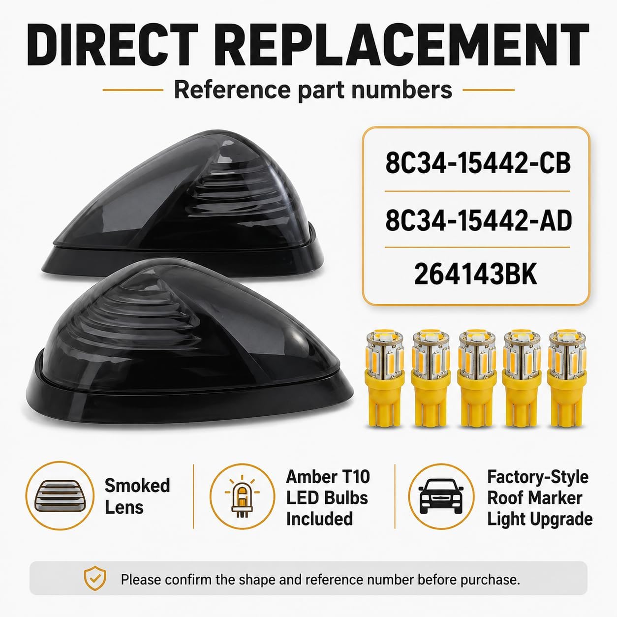 5PCS Smoked Cab Roof Marker Lights with Amber T10 LED Bulbs, Roof Clearance Light Assembly Compatible with Ford E150 E250 E350 E450 E550 F150 F250 F350 F450 F550 Super Duty 1999-2016