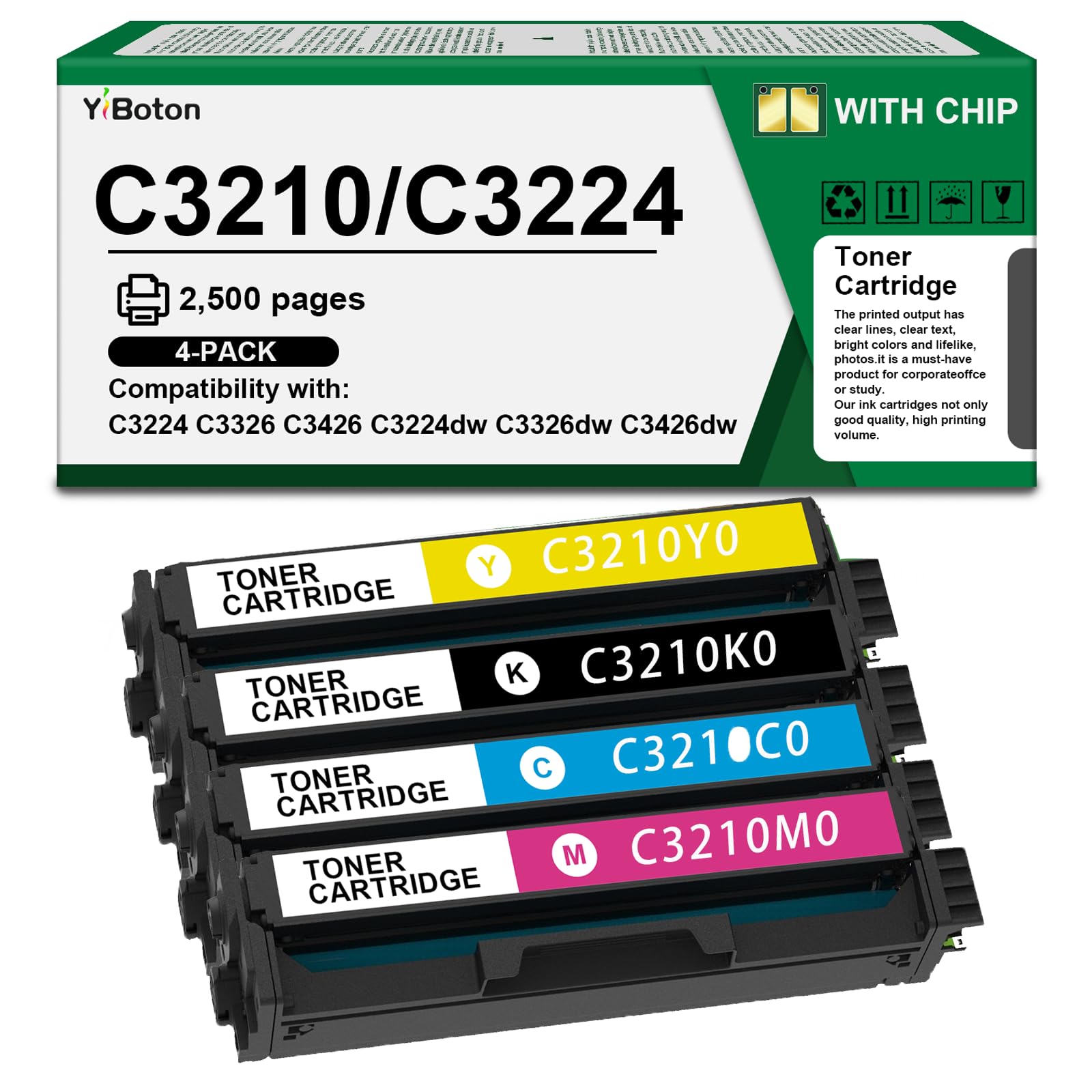 High Yield C3210K0 C3210C0 C3210M0 C3210Y0 Toner Cartridge 4-Pack with Chip | Compatible for Lexmark C3224 C3326 C3224dw C3326dw C3426dw MC3224 MC3326 MC3426 Series Printer toner