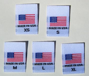 250pc Clothing Sewing Label Sizes Made in USA American Flag XS-XL 50pc Each