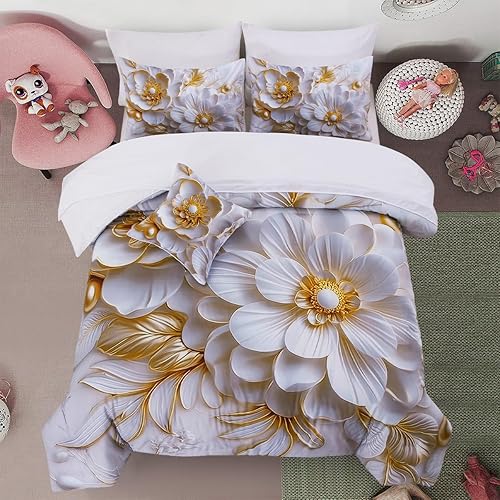 Holawakaka Juego de edredón floral individual de 6 piezas, cama en una bolsa, flores verdes impresas en gris, juego de ropa de cama botánica de