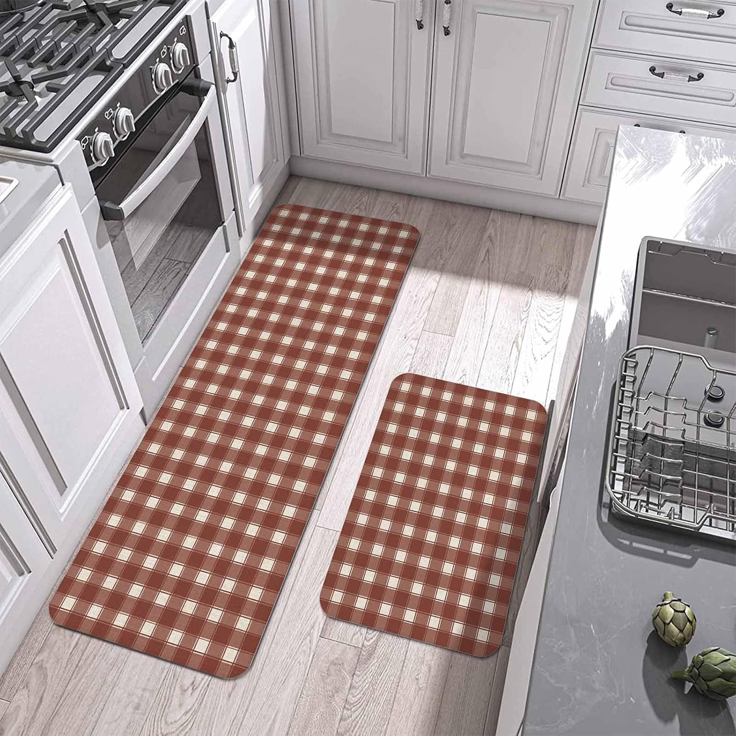 Vintage Red Brown Plaid Kitchen Mat Set 2 Pieces Country Pastoral Farmhouse Checkered Plaid Non Slip Kitchen Rugs Washable Runner Rug Mats for Floor Sink Laundry Office 19.7" x 31.5"+19.7" x 63"