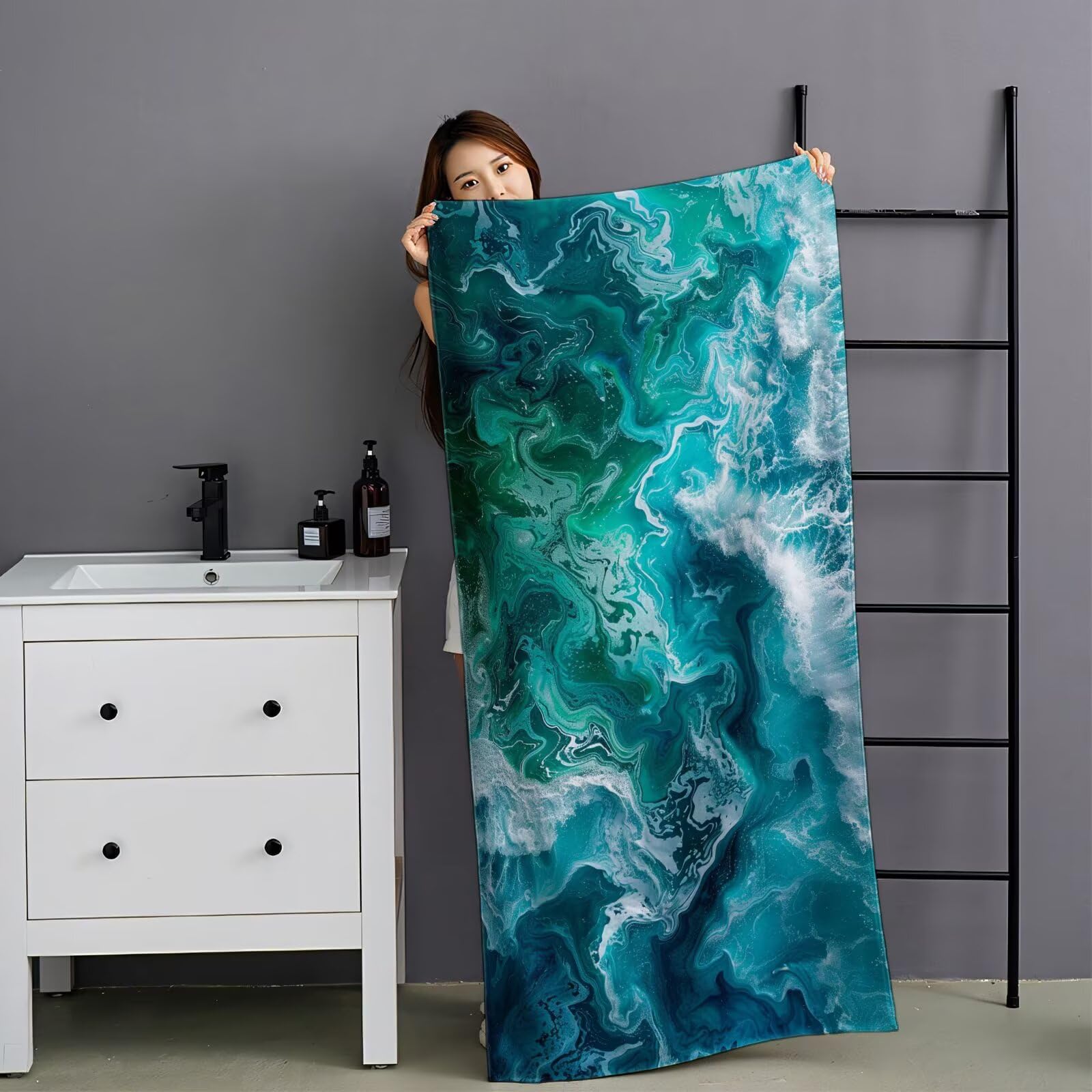 XXL Strandtuch 2er Set 100x220cm Türkis Mikrofaser Handtuch Weiches & Leichtes, Schnelltrocknend & Sandfrei, für Strand，Schwimmbad，Badetuch Groß，Reisehandtuch (Wellen) YJ-732