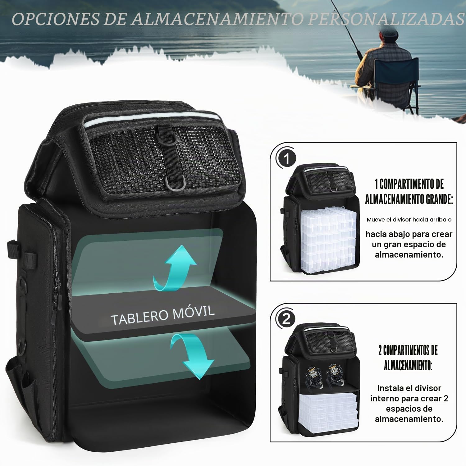 Mochila de Pesca impermeable 45L con Soporte para Cañas