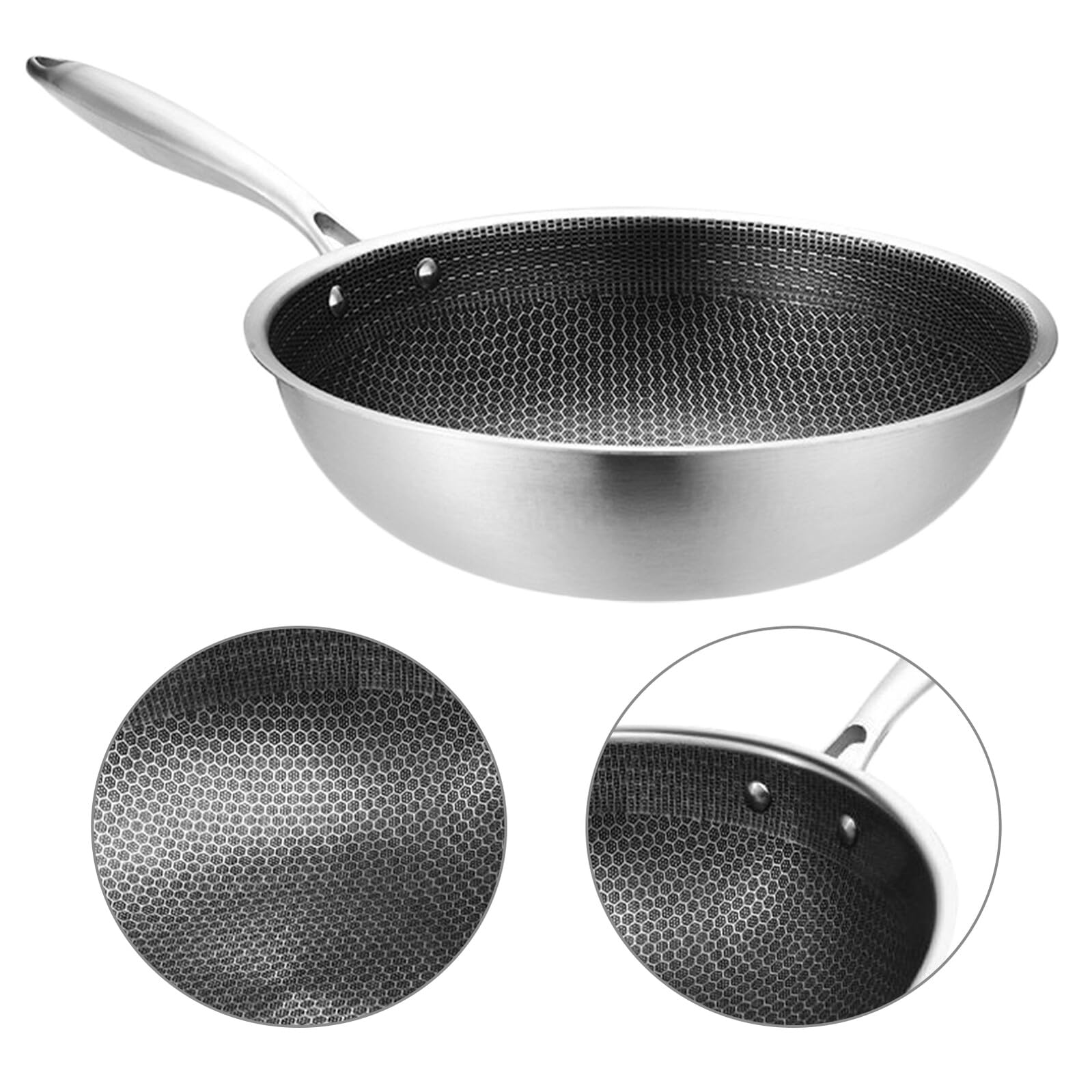 Padella Wok in Acciaio Inox 32 Cm Antigraffio Antiaderente Manico Ergonomico per Fornelli a Gas ed Elettrici, Pentola da Cucina Versatile per Friggere Verdure, Carne e Frutti