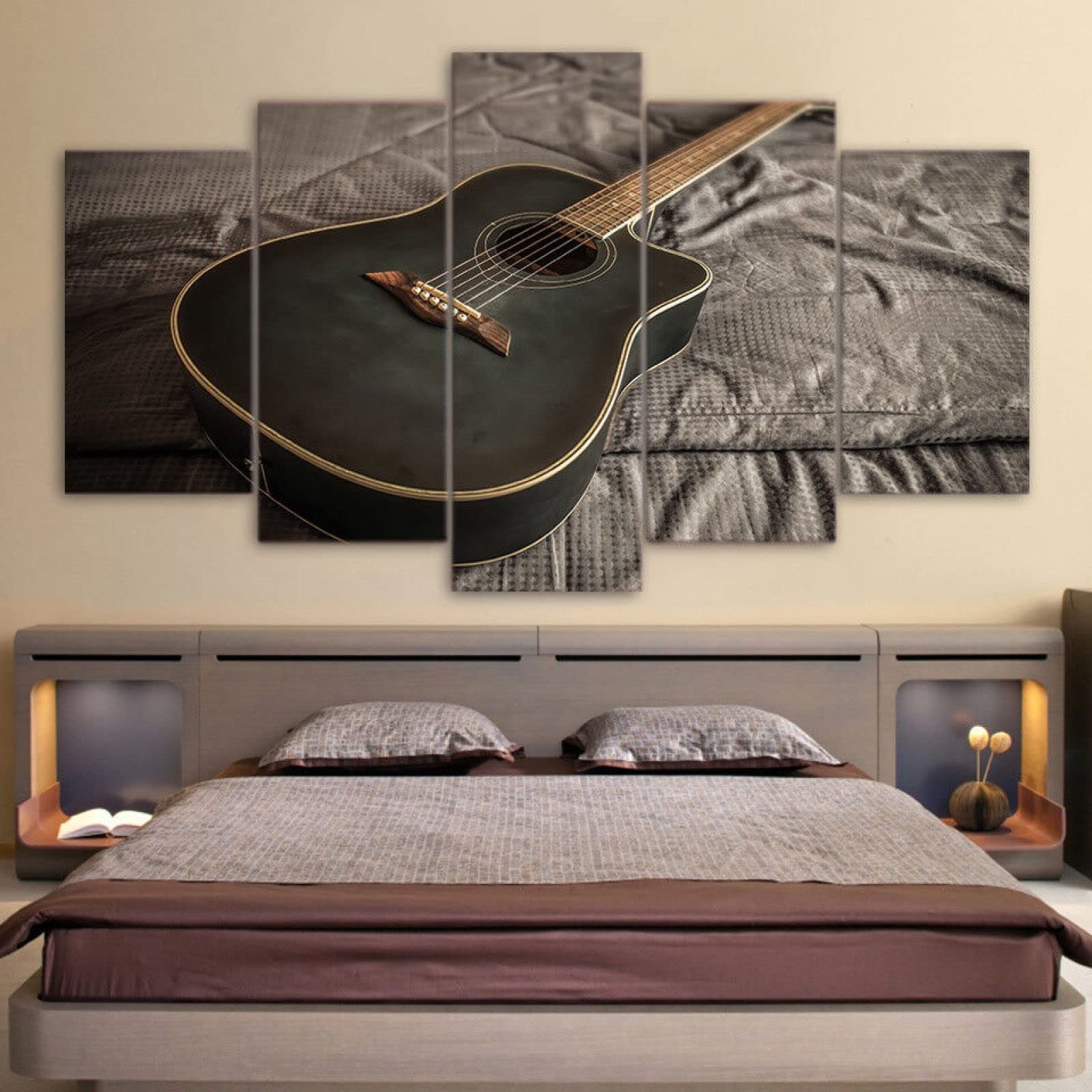 5 stampe artistiche da parete a 5 pannelli, pittura su tela con chitarra classica nera, poster musicale per camera da letto, corridoio, soggiorno, ufficio, decorazione da parete, regalo di grandi