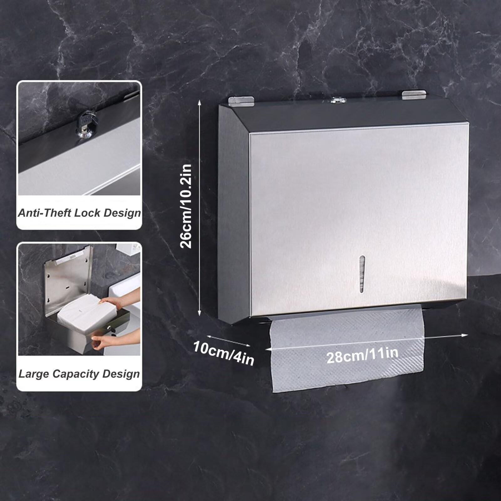Dispensador de Toallas de Papel, dispensador de Toallas de Acero Inoxidable, con Cerradura, dispensador de pañuelos de Papel montado en la Pared para Cocina, baño, Hotel, Restaurante