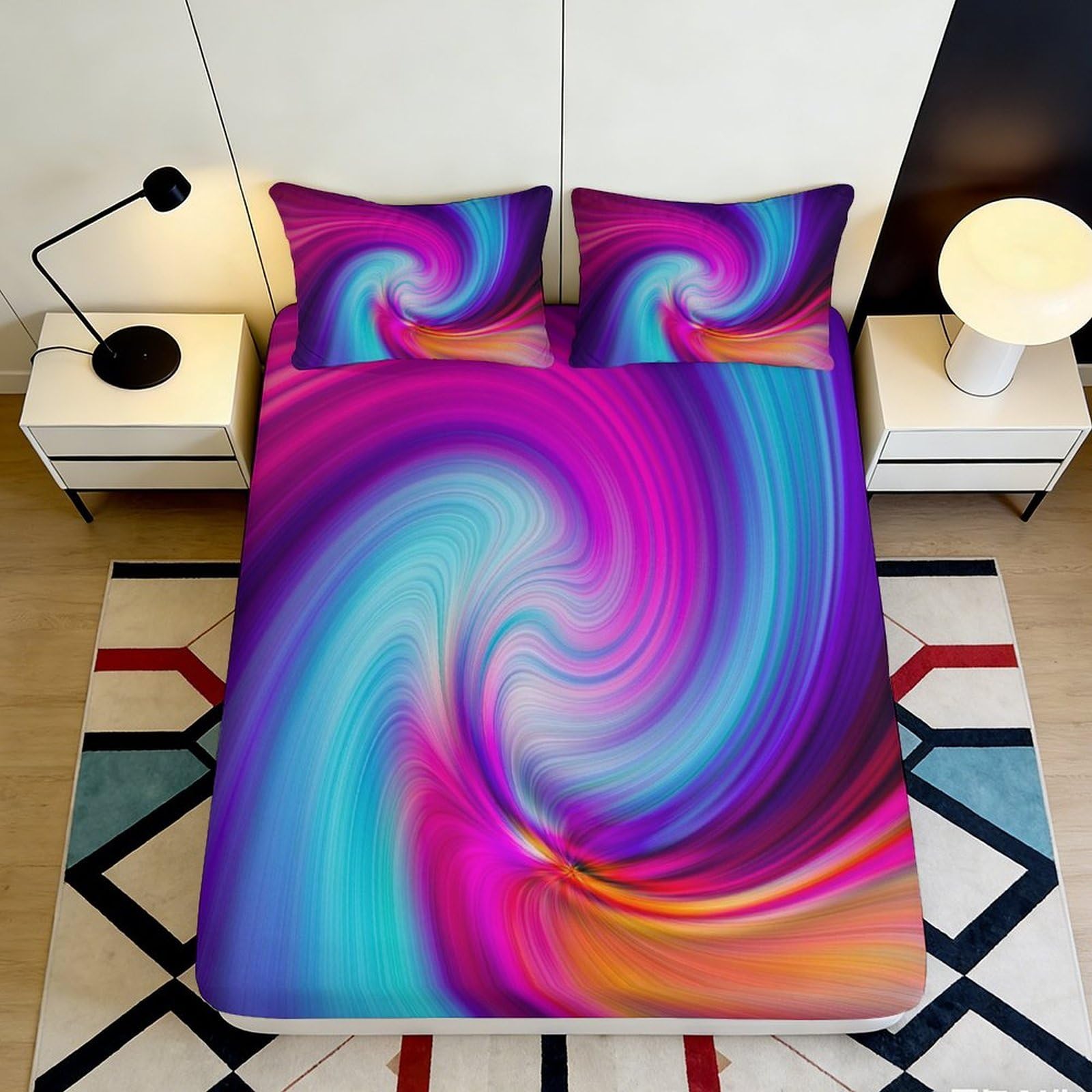 3D Printed Colorful Swirl Fitted Sheet Microfiber Soft Rainbow Wave Mattress Cover for Bedroom Dorm Decor 90x200x25cm