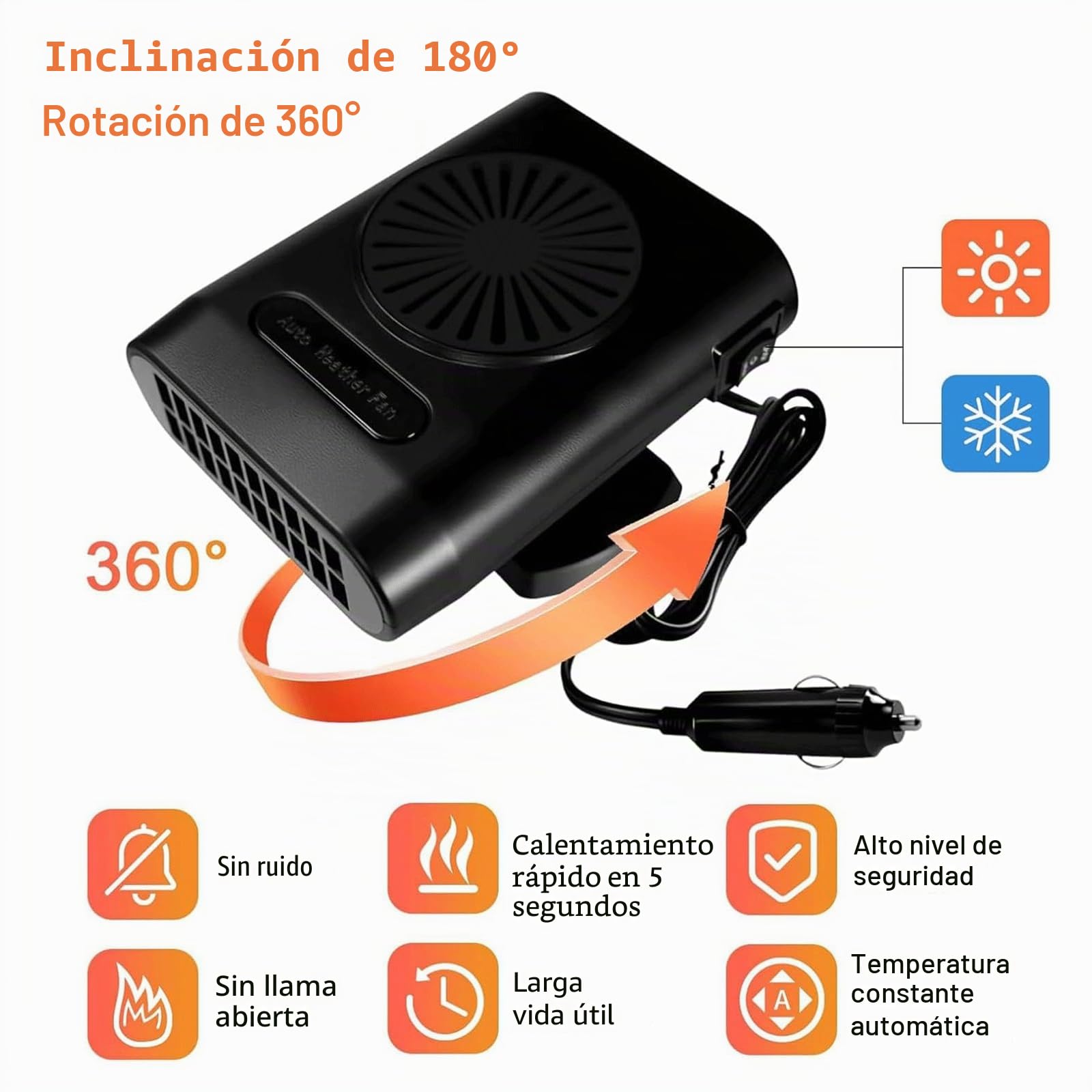 Calefactor de Coche 12V 200W, 2 en 1 Calefactor de Coche y Ventilador de Refrigeración con Rotación de 360 Grados, Descongelador y Desempañador de Parabrisas Calentamiento Rápido para Coche