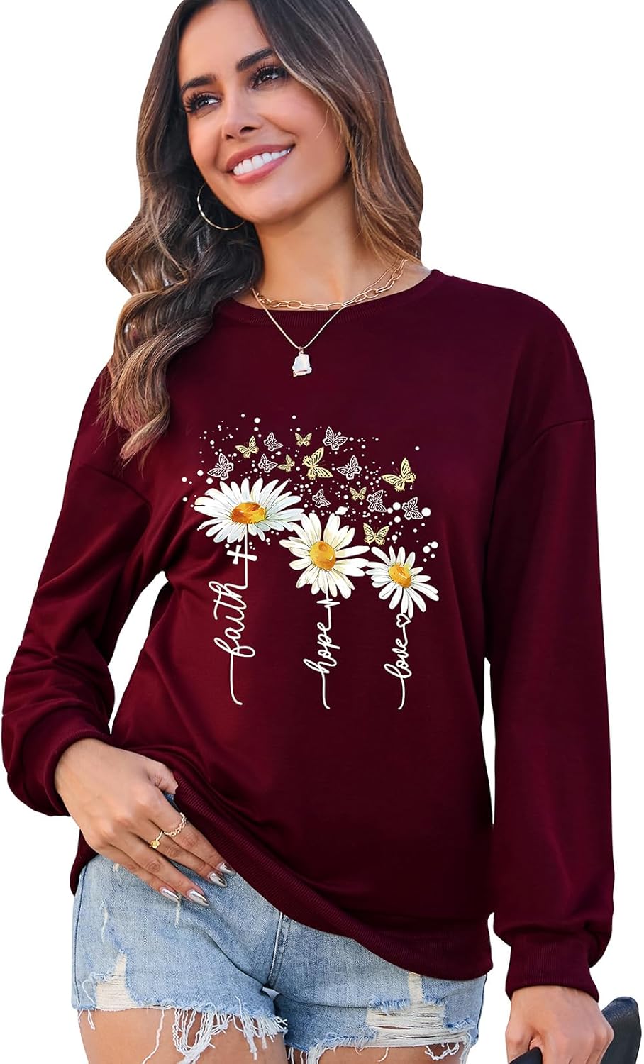 Women’s Christian Sweatshirts,Faith Hope Love Daisy Print Crewneck Long Sleeve Casual Loose Fit Sweatshirt - Image 2