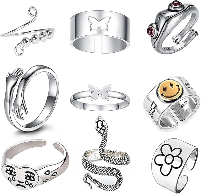 9Pcs Silver Adjustable Open Rings Set, Anxiety Ring Frog Ring Butterfly Couple Rings Crying Face Ring Hug,Snake Ring Set Vintage Stackable Finger Rings Set