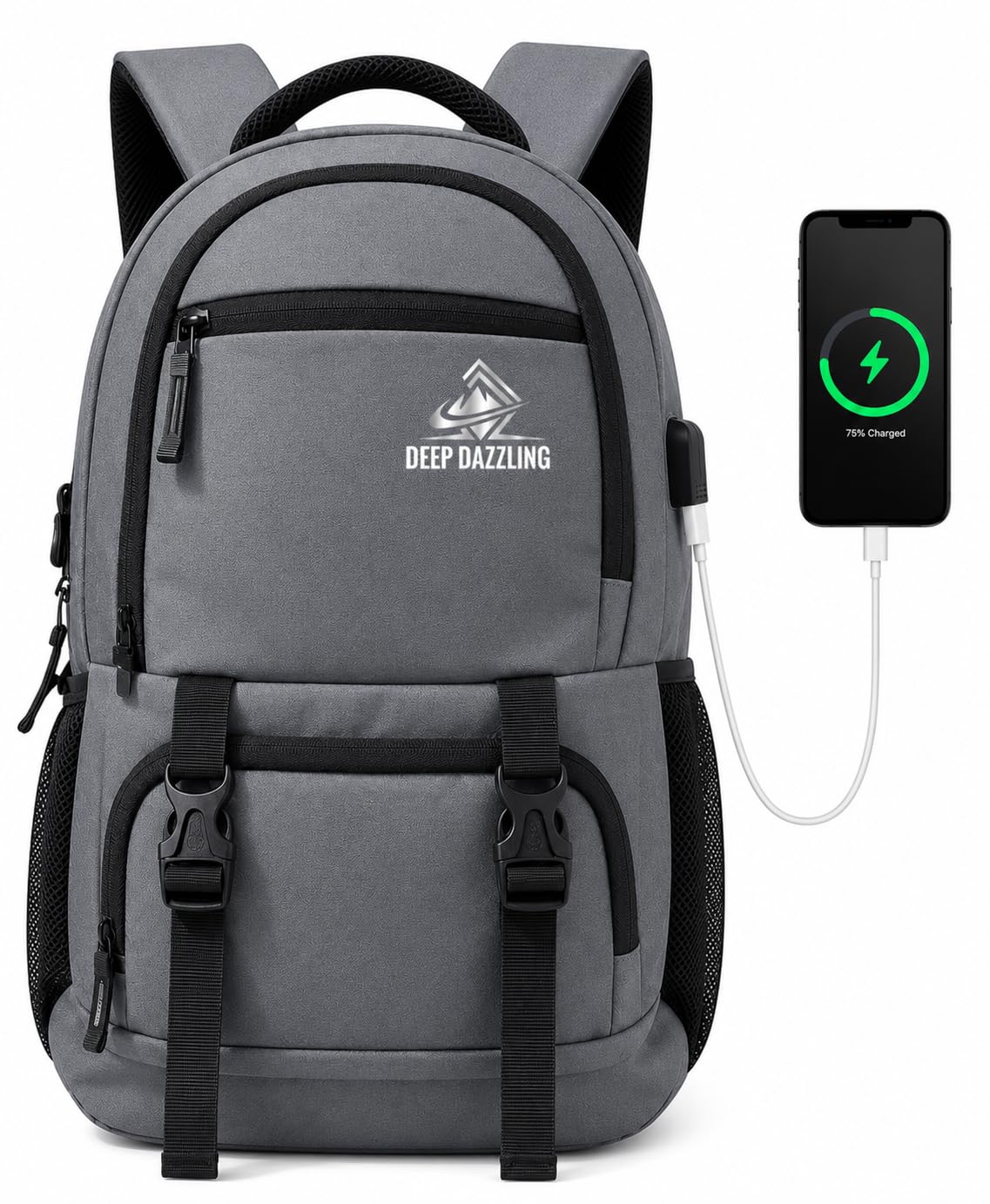 deepdazzling Large 40L Laptop Backpack For Men & Women With Bottle Pocket | Padded Shoulder Straps, Multi Compartments | Travel & College Bag | Water-Repellent, USB Charging Port,And Rain Cover(GREY)-picture-44
