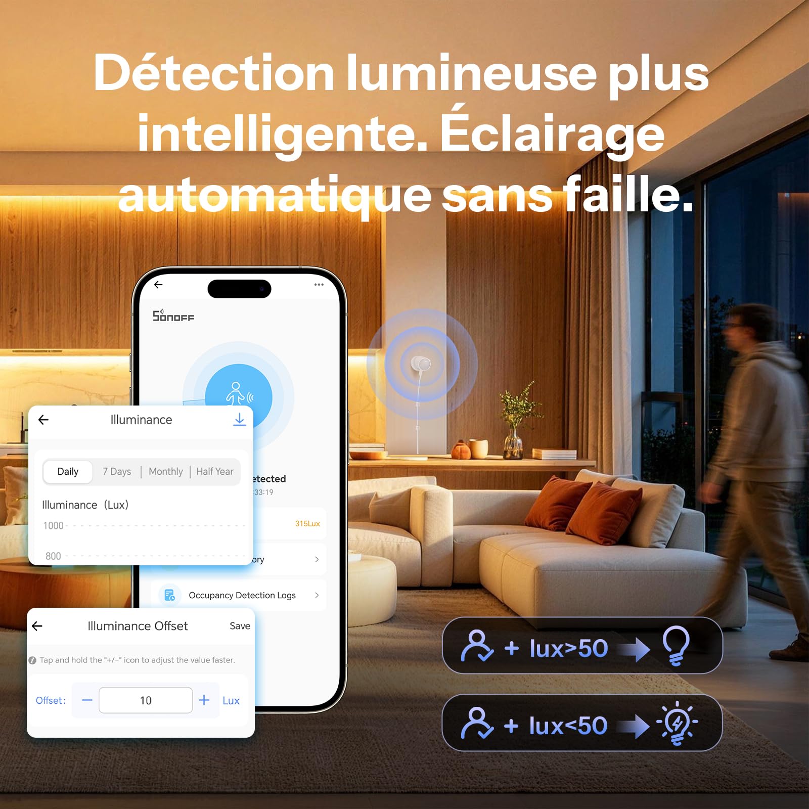 SONOFF SNZB-06P24 Détecteur de Présence Zigbee 24GHz, Capteur de Présence avec Capteur de Lumière, Détection de Zone, Calibration Adaptative Compatible Home Assistant Alexa & SmartThings (Hub requis)