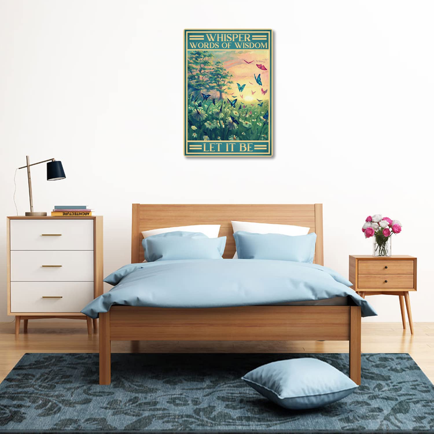 WEIMEILD Cartel de metal con texto en inglés Whisper Words Of Wisdom Let It Be Sign, decoración de pared, diseño vintage de mariposas voladoras en el campo, flores, con cita inspiradora para