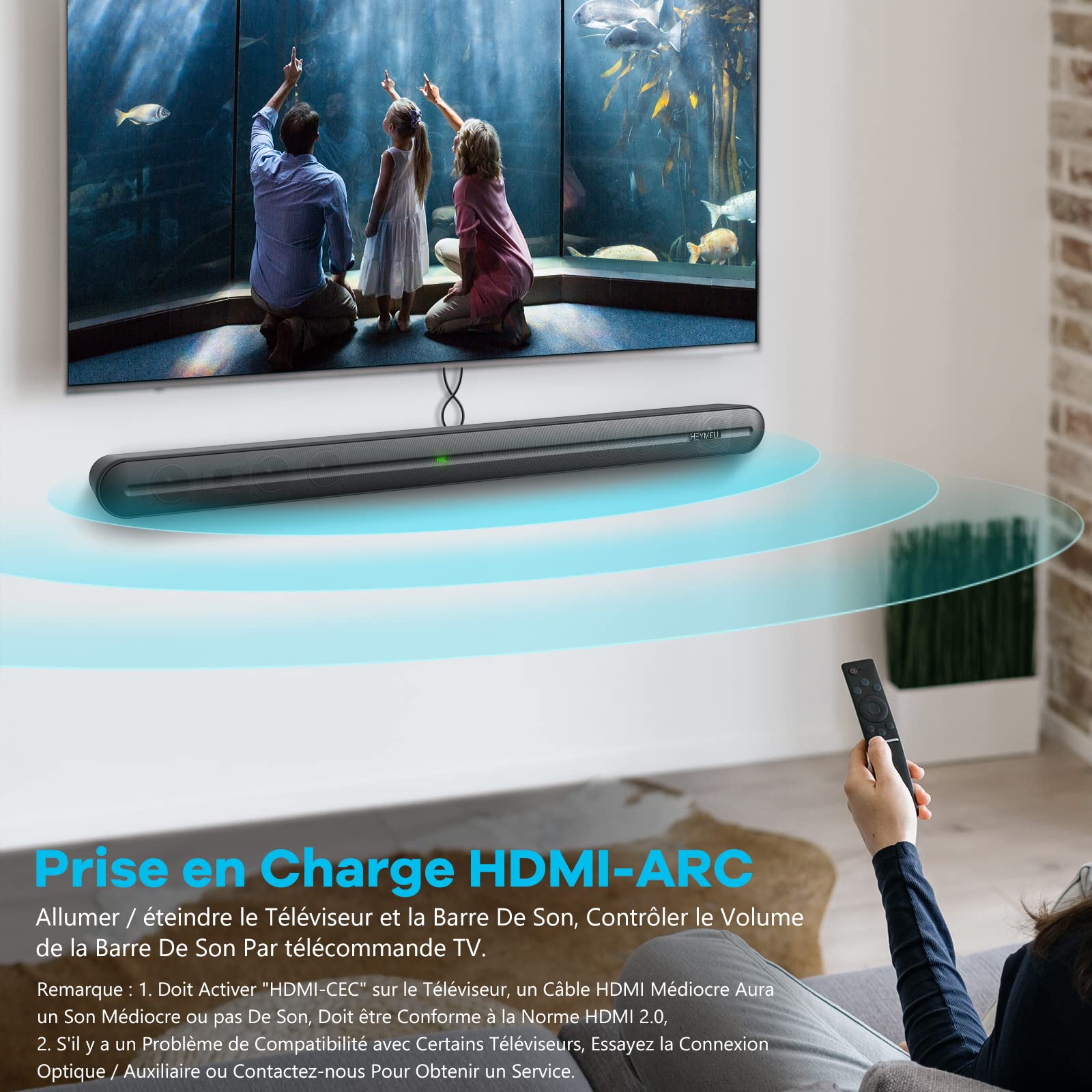 Barre De Son Heymell 150W - 2.0ch Avec Caisson Intégré - Bluetooth, HDMI ARC, Optique - Son Surround 3D - 3