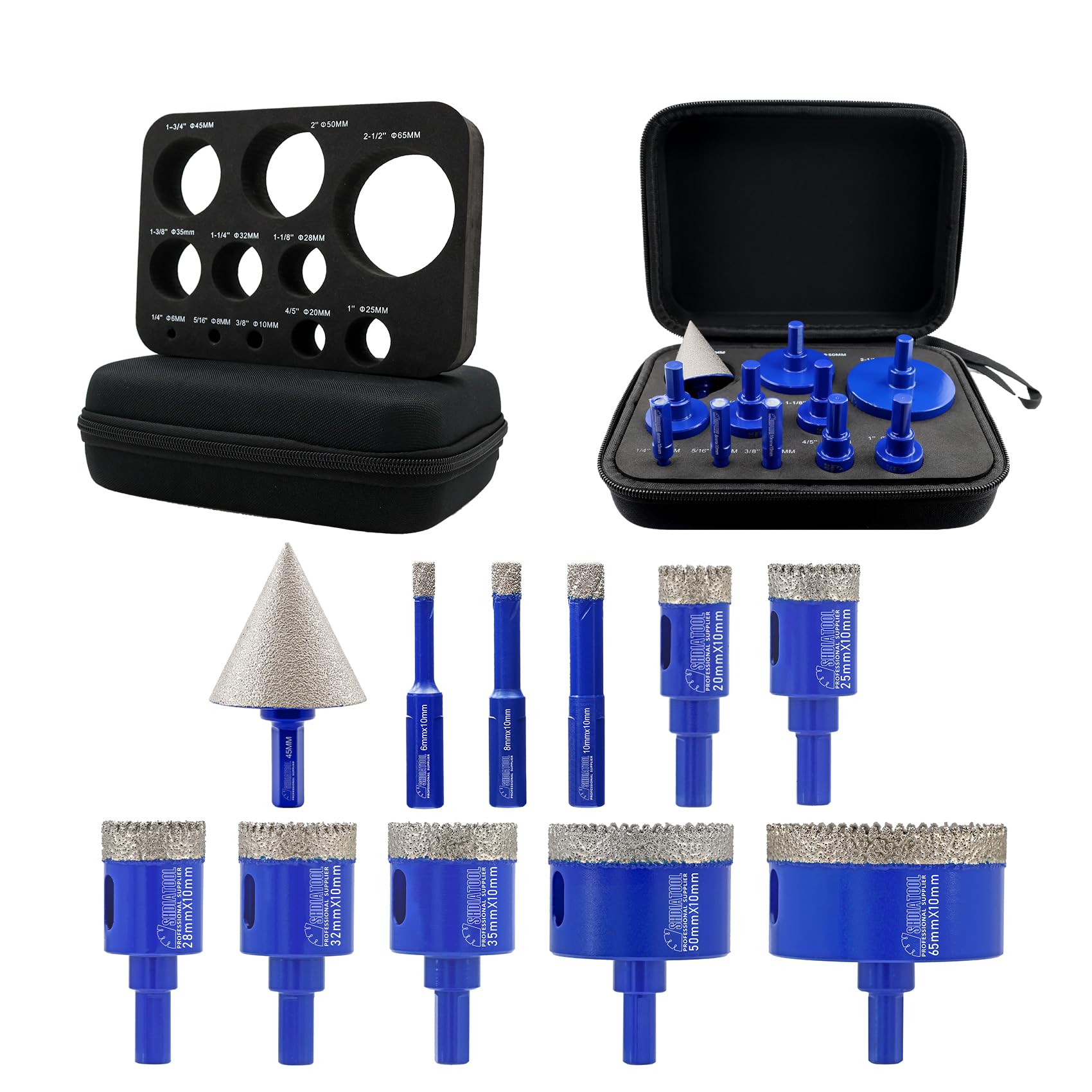 SHDIATOOL Foret Diamant Kit Trépan Carrelage 11 Pièces(6/8/10/20/25/28/32/35/50/65MM/45MM) Scie Cloche Diamantée Pour Porcelaine Carrelage Marbre Granit