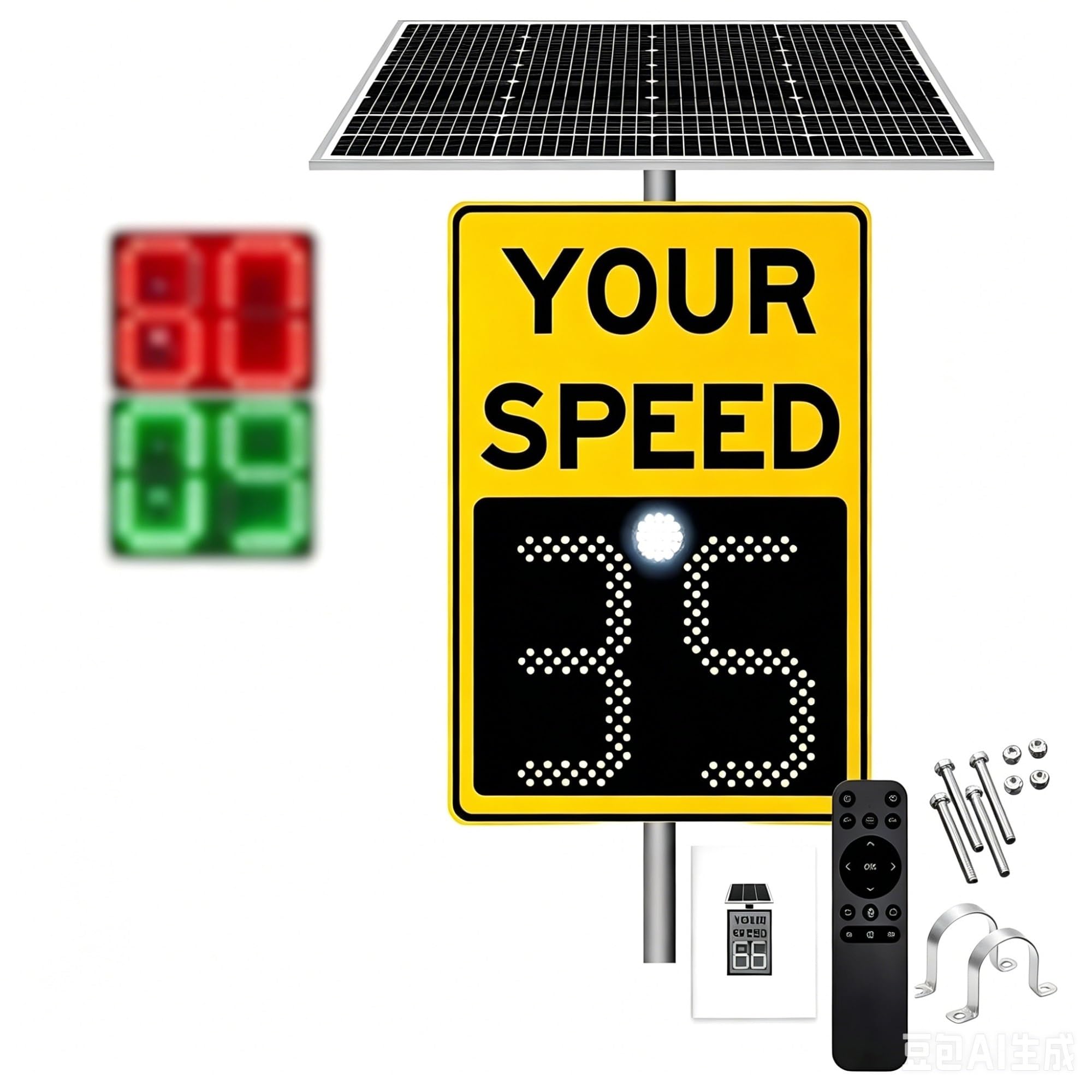 Señal de límite de velocidad con radar solar, control remoto, resistente al agua IP65, LED, 23,6 x 35,4 pulgadas, para exteriores.