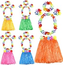 FEPITO 5 Set 25 Pieces Hawaiian Hula Hula Skirts Set Includes Flower Leis Necklace Band Bracelets Luau Skirts Hawaii Costume Tropical Luau Birthday Party Supplies