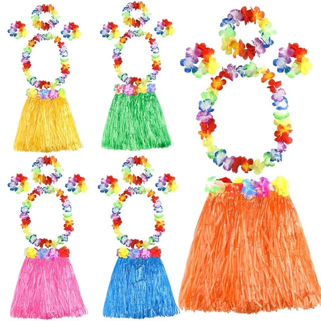 FEPITO 5 Set 25 Unids Hawaiian Grass Hula Faldas Conjuntos Incluyen Flor Leis Collar Pulseras Diadema Luau Faldas para Hawaii Traje Tropical Luau Fiesta de Cumpleaños Suministros