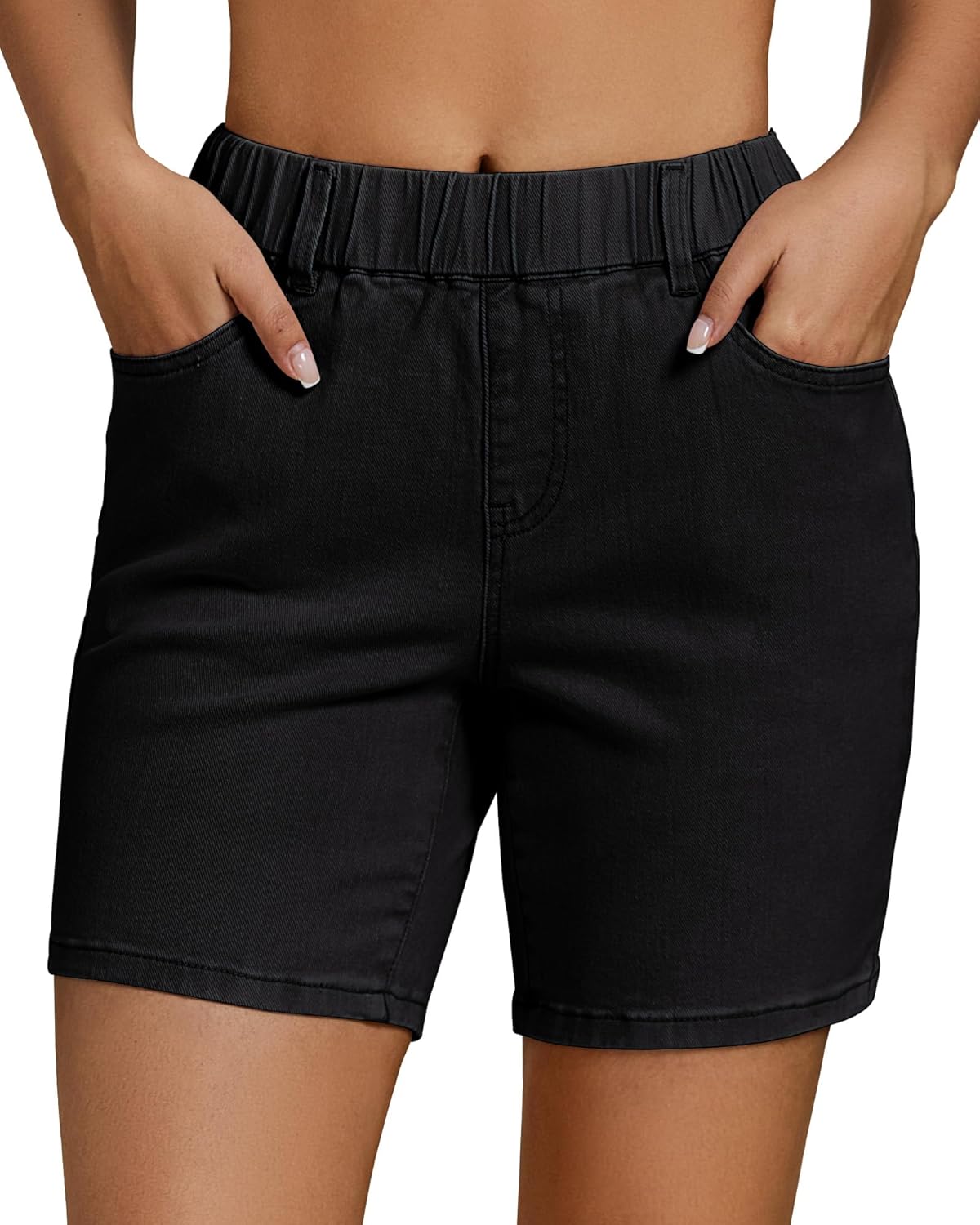 Vetinee Jean Shorts for Women Pull On Elastic Waist Mid Rise Trendy Summer Jorts Stretch Long Denim Shorts 7 Inch Inseam