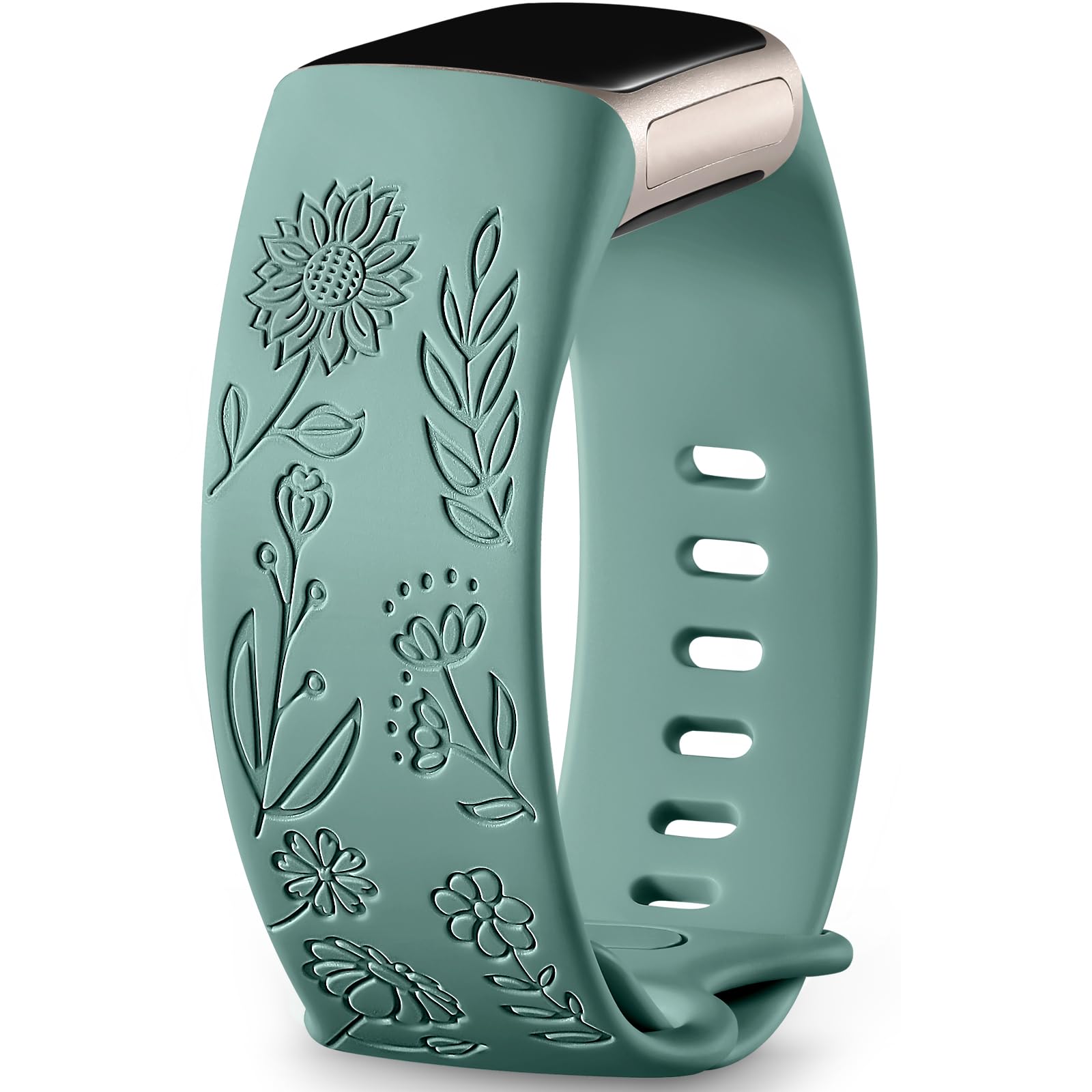 Epova Sunflower Engraved Strap Compatible with Fitbit Charge 6/5, Soft Sport Silicone Replacement Band, Pinegreen