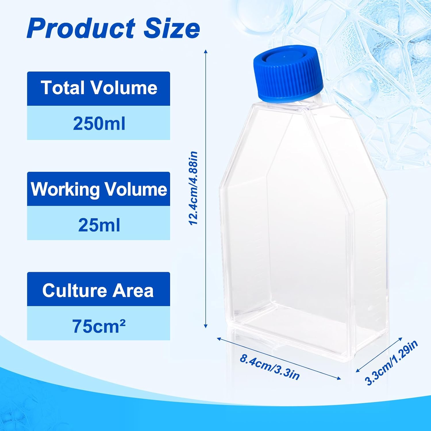 Cell Culture Flasks, Sterile Plastic Tissue Culture Bottle with Plug Cap, 75cm² Culture Area, TC Treated, 25ml Working Volume, 250ml Total Volume, Pack of 40