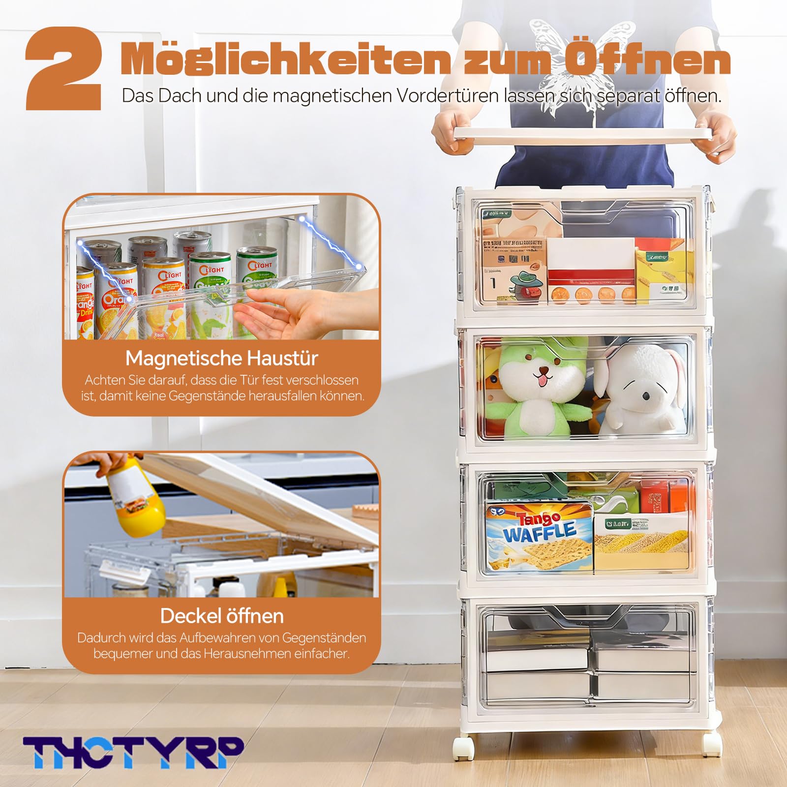 Aufbewahrungsbox 23L 4 Stück, Durchsichtig Stapelboxen mit deckel, Faltbare Aufbewahrungsbox mit Tür und Rollen