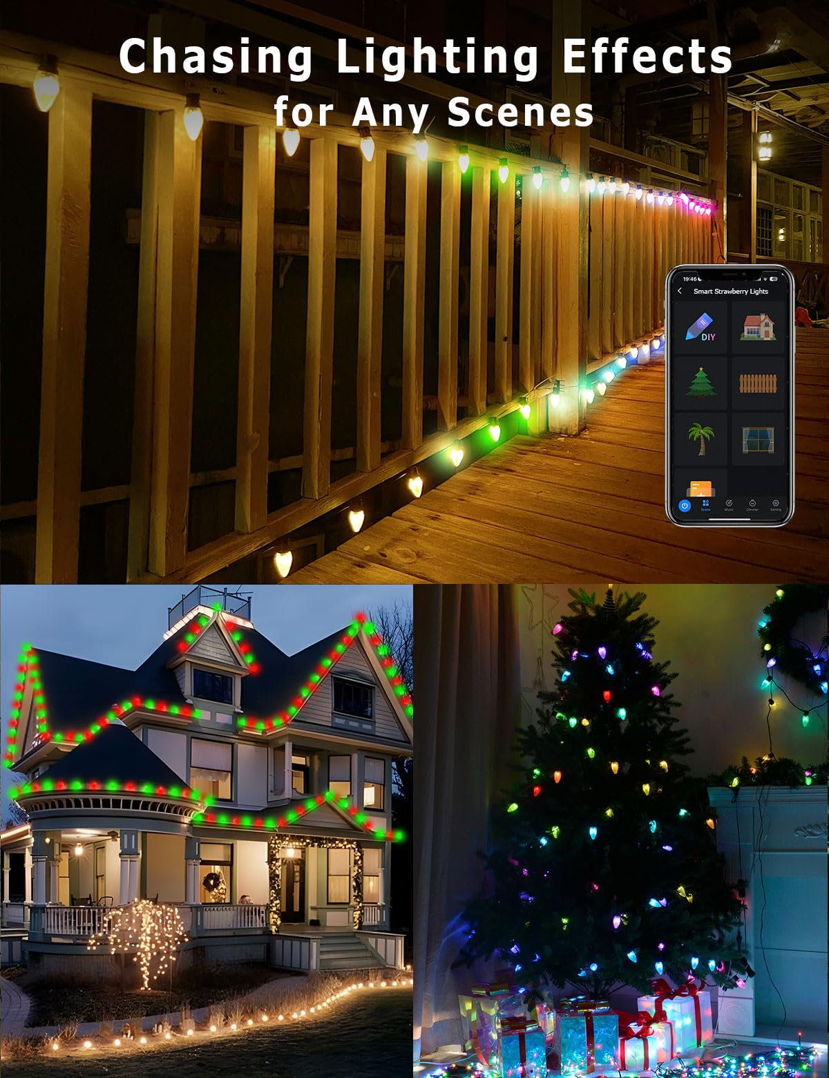 HIITEN RGB C9 Weihnachtsbeleuchtung für den Außenbereich, 36 m, 150 LEDs, DIY-Chasing-Effekte, intelligente LED-Weihnachtsbeleuchtung, Bluetooth-App, ferngesteuert, ausziehbar