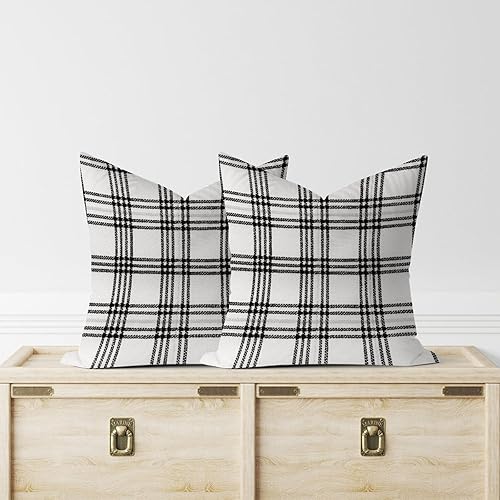 Miniatura 4 de Chinoiserie - Juego de 2 fundas de almohada geométricas a cuadros, color blanco y negro, fundas de cojín inspiradas en Asia de 16 x 16 pulgadas,