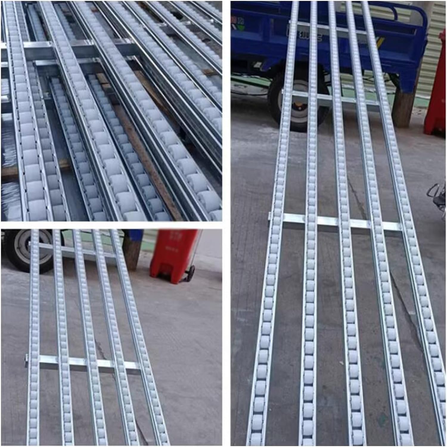 Cinta transportadora de rodillos de acero inoxidable, mesa transportadora de gravedad ligera, marco de acero inoxidable de plástico ABS (4 deslizamientos, 200 cm de largo)