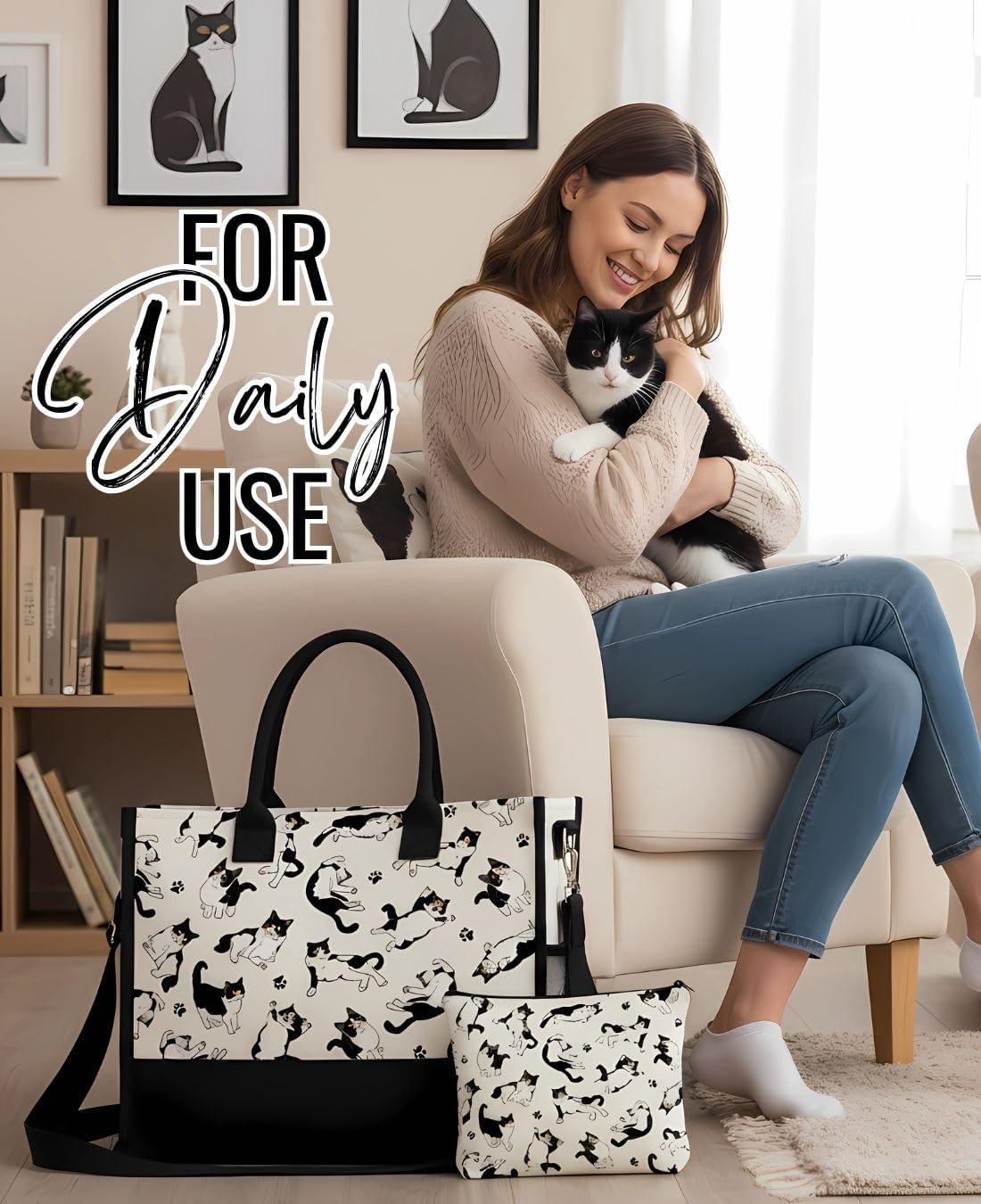 InnoBeta Tuxedo Cat Gifts for Women, Gifts for Tuxedo Cat Lovers, Canvas Tote Bag for Girls Mom, Grandma, Bag with Top Zipper Closure and Shoulder Strap for Birthday, Christmas