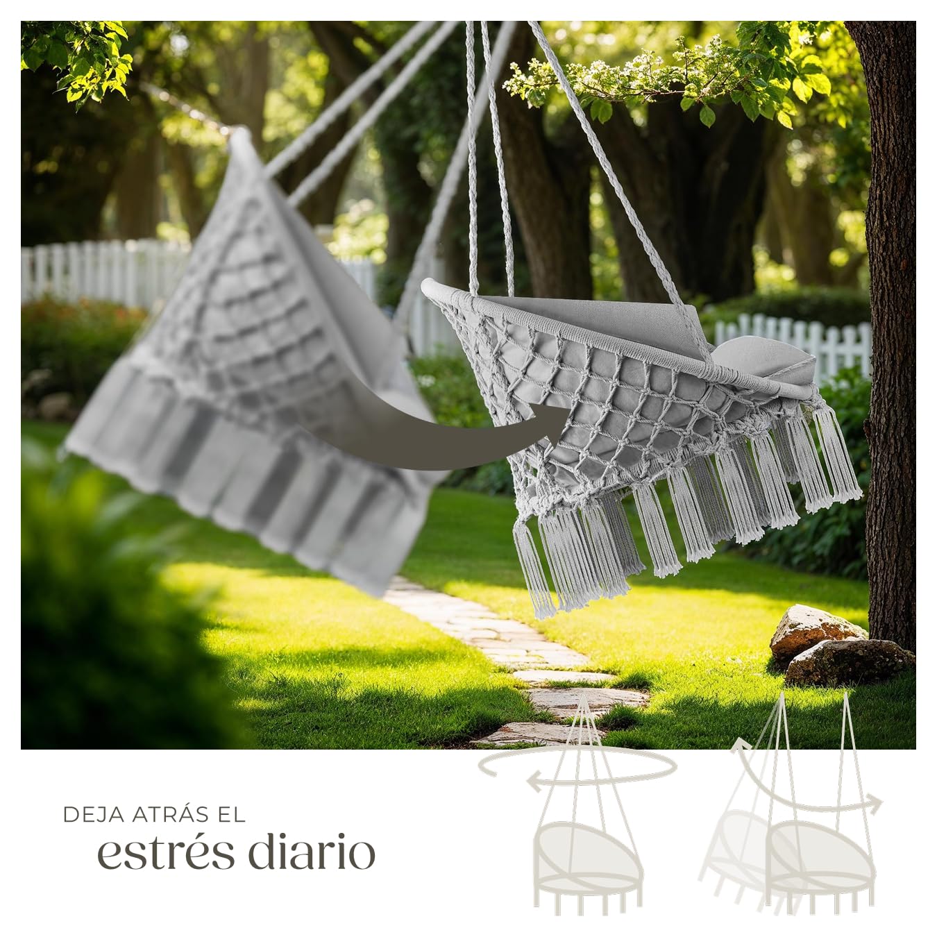 tectake® Columpio Jardín Exterior, Silla Colgante con Cojín Grande y Mullido, Sillón Balancín con Estructura Estable de Acero, Hamaca Colgante para Interior y Exterior, Trenzado en Algodón - Gris