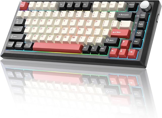 Y75 Wireless Mechanical Keyboard,75% Hot Swappable Custom Keyboard with Knob,RGB Backlit, PBT Keycaps,2.4GHz/USB-C/BT5.0 Mechanical Gaming Keyboards(Black&Red,Milk Switch)