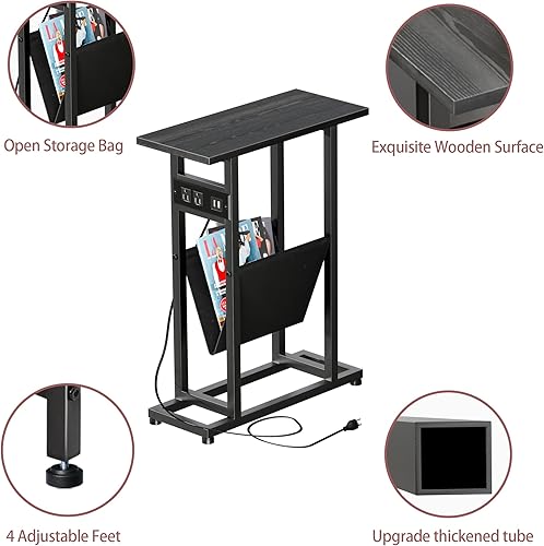 Miniatura 8 de Juego de 2 mesas auxiliares estrechas con estación de carga, mesas auxiliares delgadas con almacenamiento, mesas auxiliares delgadas para espacios