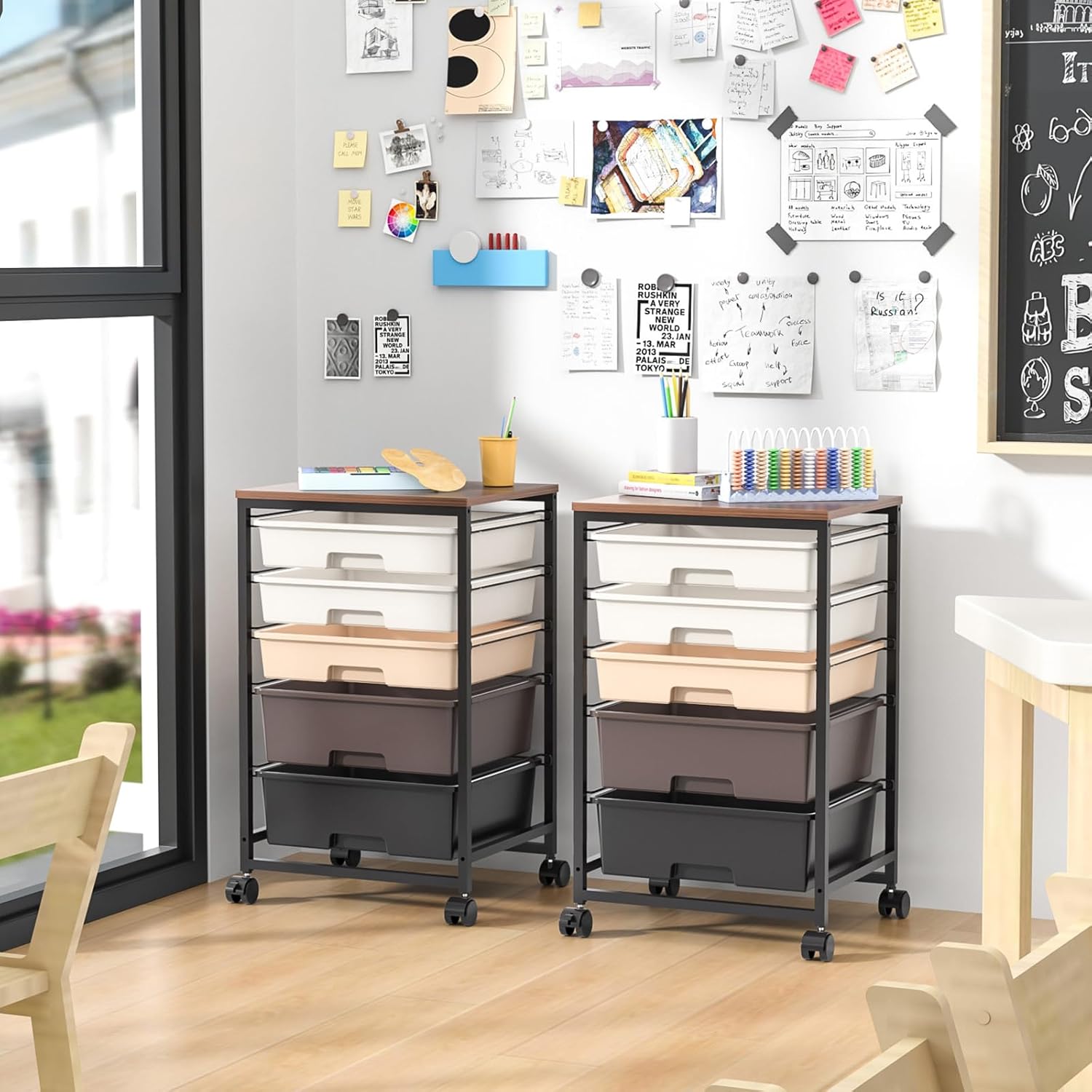 Utility Cart with 5 Drawers,Storage Drawer Cart with Wooden Tabletop and Lockable Wheels,Craft Storage Trolley Cart,5-Tier Rolling Utility Cart on Wheels,Dark Brown