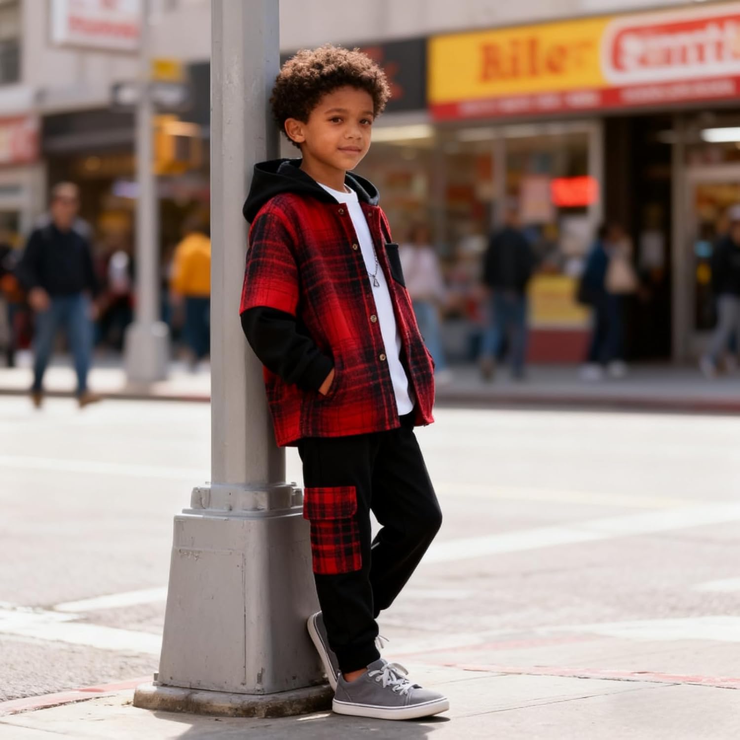 Size 4-11 Years Boys Clothes Flannel Plaid Shirt Hooded Sweatshirt & Pants 3PCS Kids Boys Fall Winter Outfits Sets - Image 4