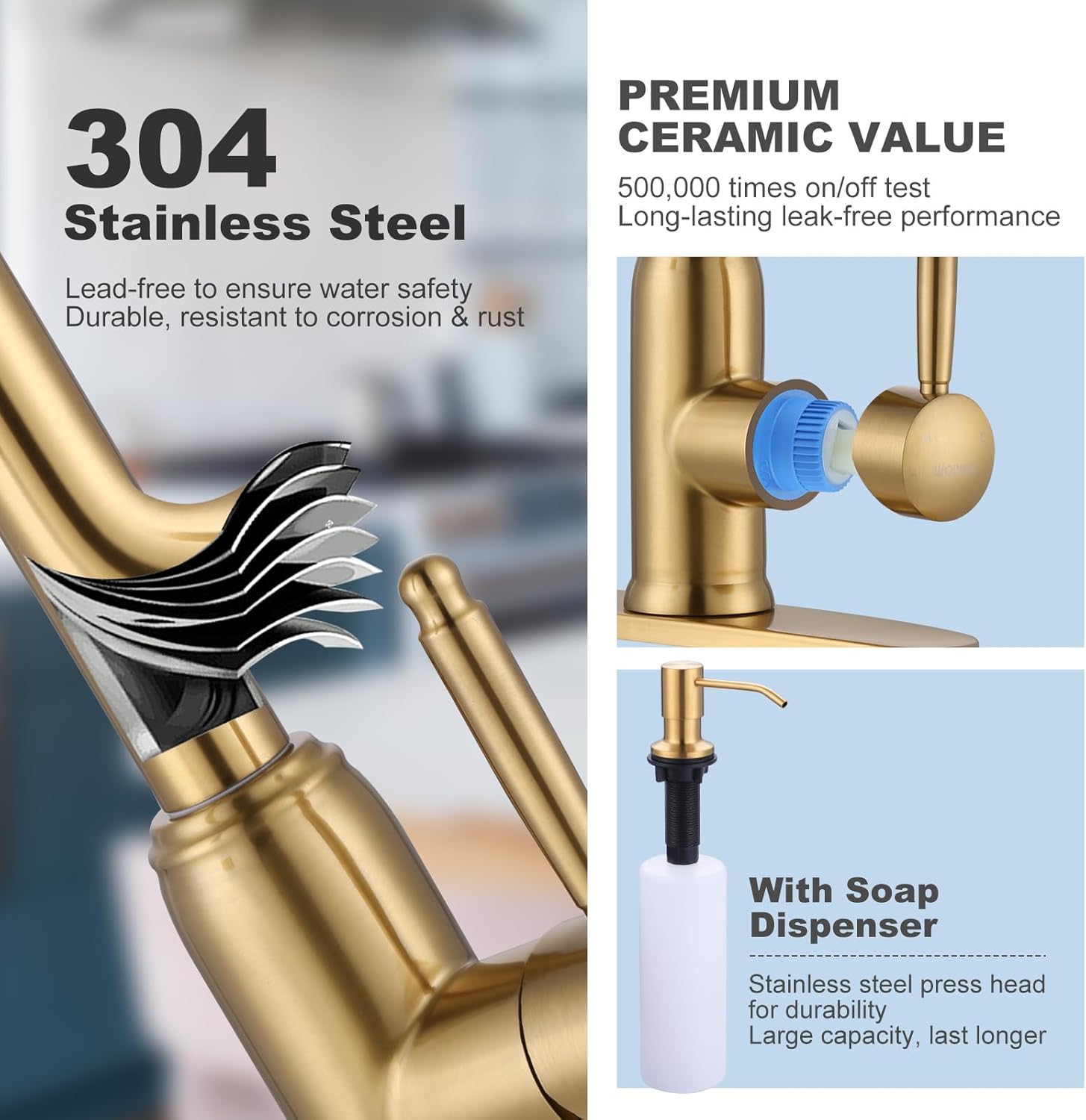 WOWOW Kitchen Faucet Head Replacement Gold, 3 Function Pull Out Spray and Gold Kitchen Faucet with Soap Dispenser, WOWOW Stainless Steel Kitchen Faucet