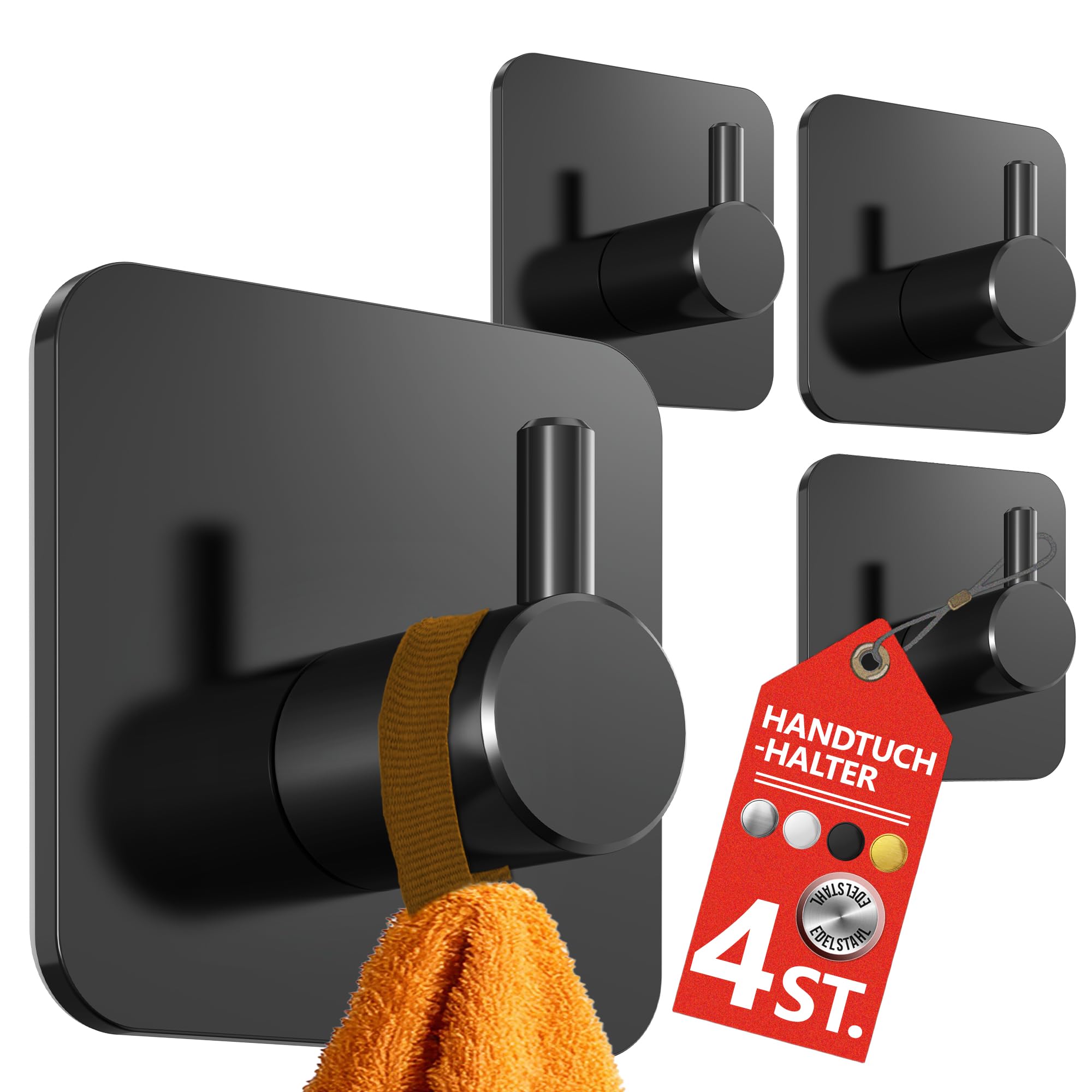 4smile Portasciugamani Adesivi Per Bagno - Set Da 4 Ganci In Acciaio Inox Nero | Extra Forti E Impermeabili | Fino A 10 Kg Di Portata | Senza Foratura