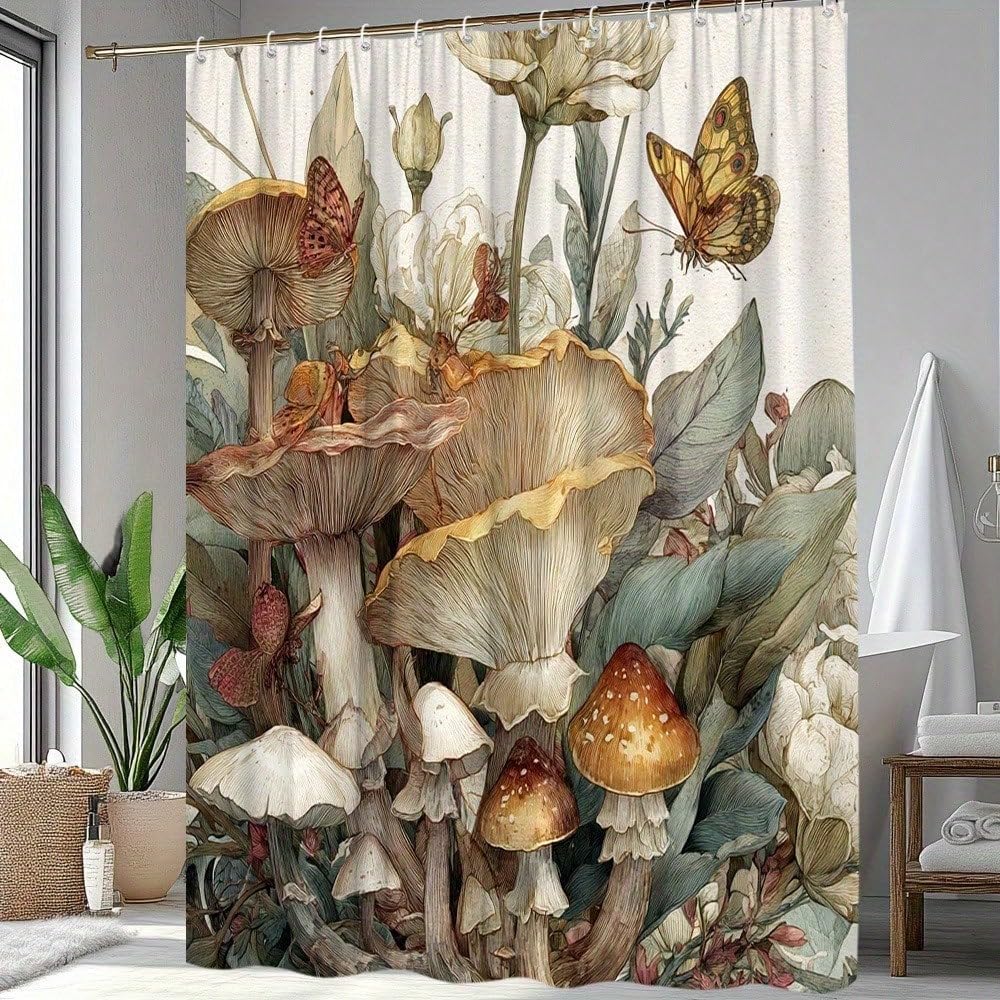 GLKSDLPO Nature Themed Shower Curtain With Leaves And Mushroom Illustrations Combined With Vivid Butterfly Doodle Design(170x210cm/67x83in(WxH)