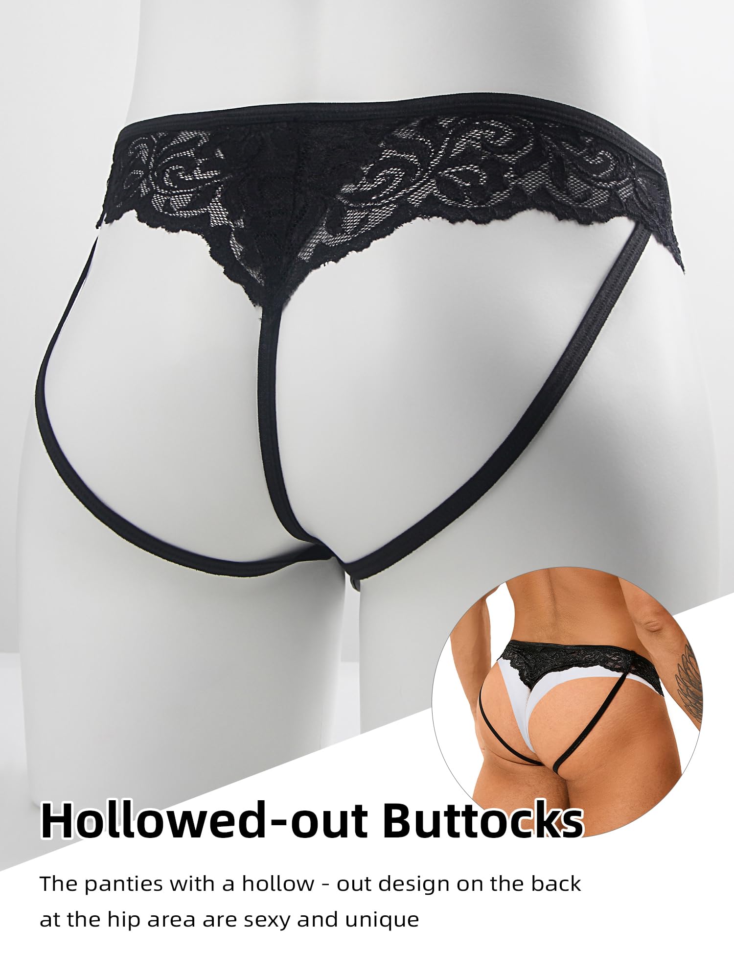 ohyeahlady String Tanga Herren Sexy Dessous PU Leder Unterwäsche Männer Erotisch Spitze Höschen Slips Thong Ouvert Transparent Unterhosen T-Back Sissy Reizwäsche Gay Underwear Große Größen Schwarz