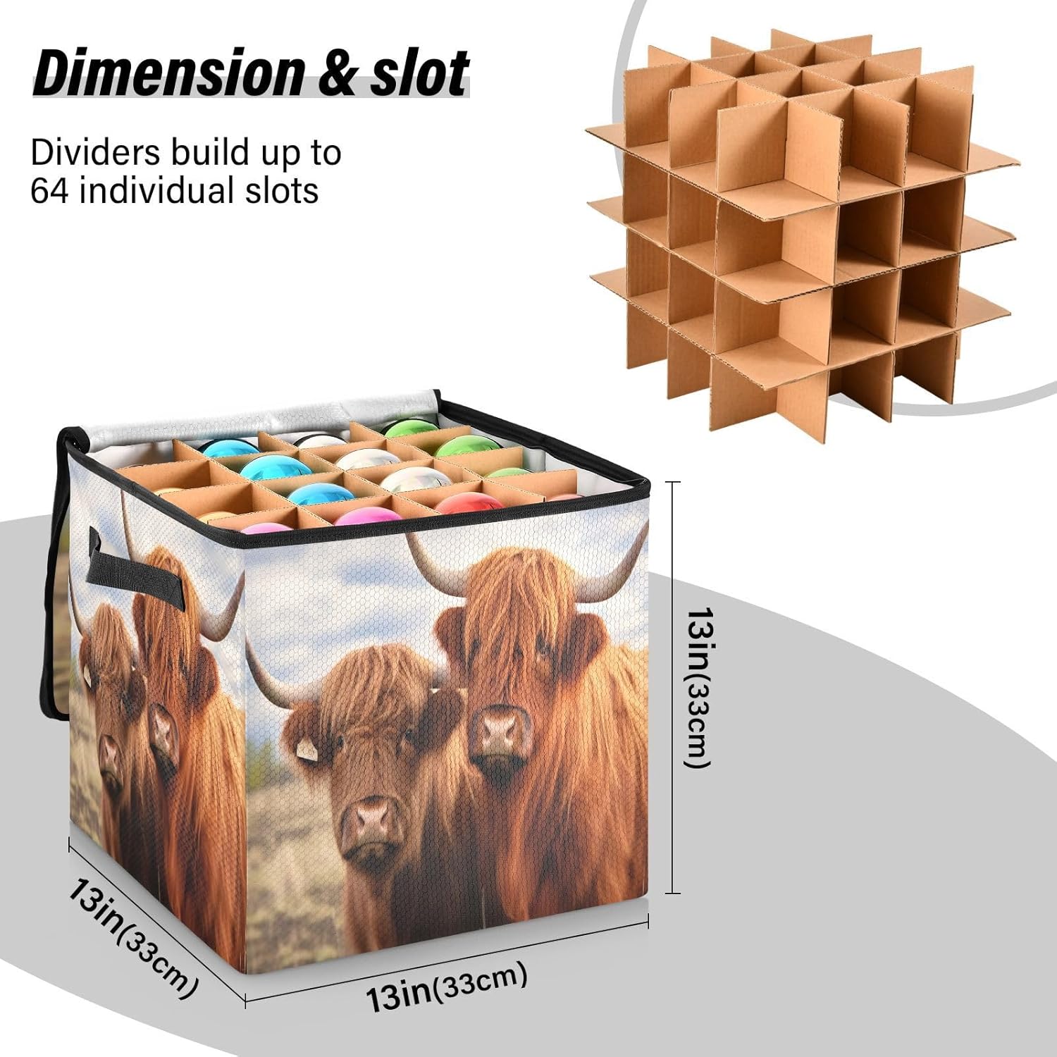 Highland Cows 13 Inch Christmas Ornament Storage Box with Lid - Holiday Decor Storage Containers, Stores 64 Ornaments, 3 Inch Cube Compartments