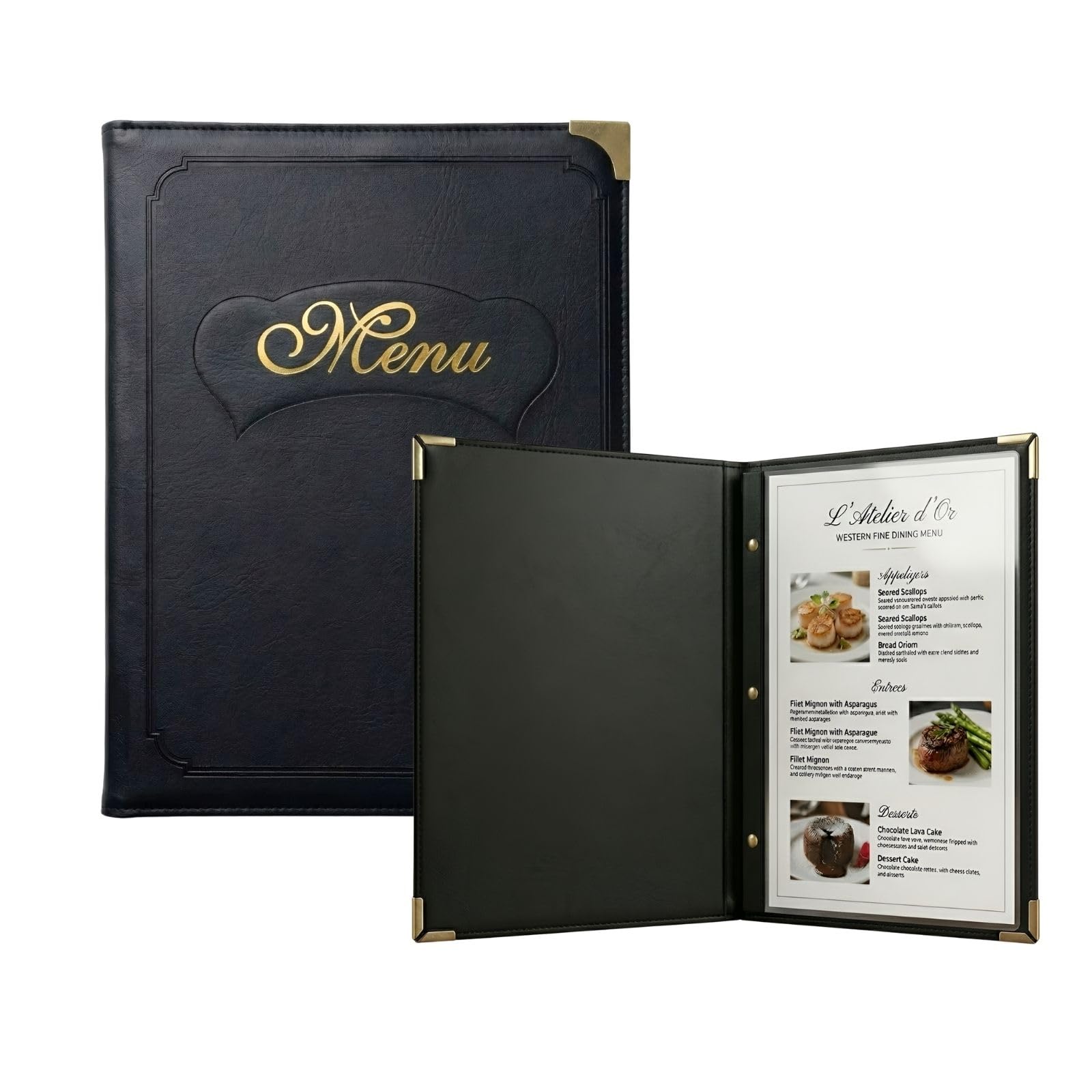 Lot de 2 Porte-Menus A4 – Simili Cuir Écologique – 14 Vues Ajustables – Noir – Livre de Menus Élégant et Durable pour Restaurants, Cafés, Bars, Hôtels