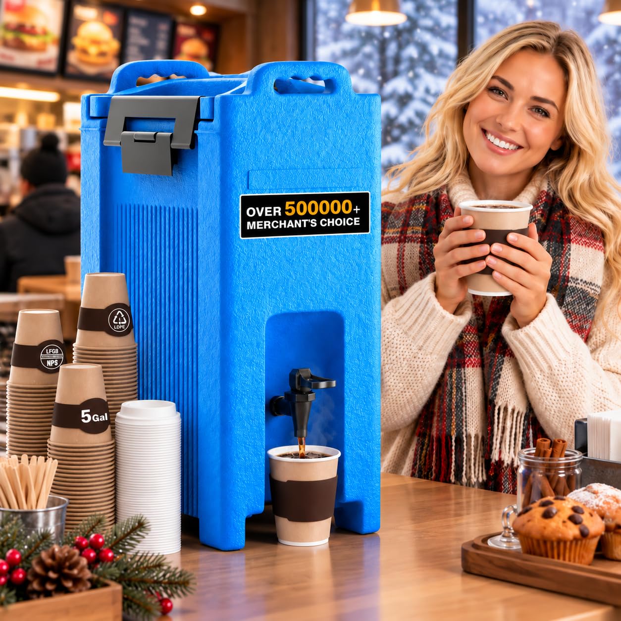 Insulated Beverage Dispenser 5 Gallon - Hot and Cold Drink Container with Handles, Thermal Drink Dispenser Cooler Server carrier For Commercial Catering Blue