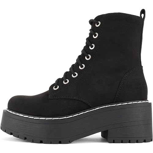 Soda FLING Women Chunky Lug Sole Lace up Fashion Combat Ankle Boot w/Side Zipper