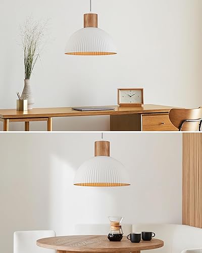 Miniatura 6 de ELYONA Moderna lámpara colgante de madera de fresno de 12 pulgadas, lámpara colgante nórdica de metal blanco y acabado interior dorado, lámpara