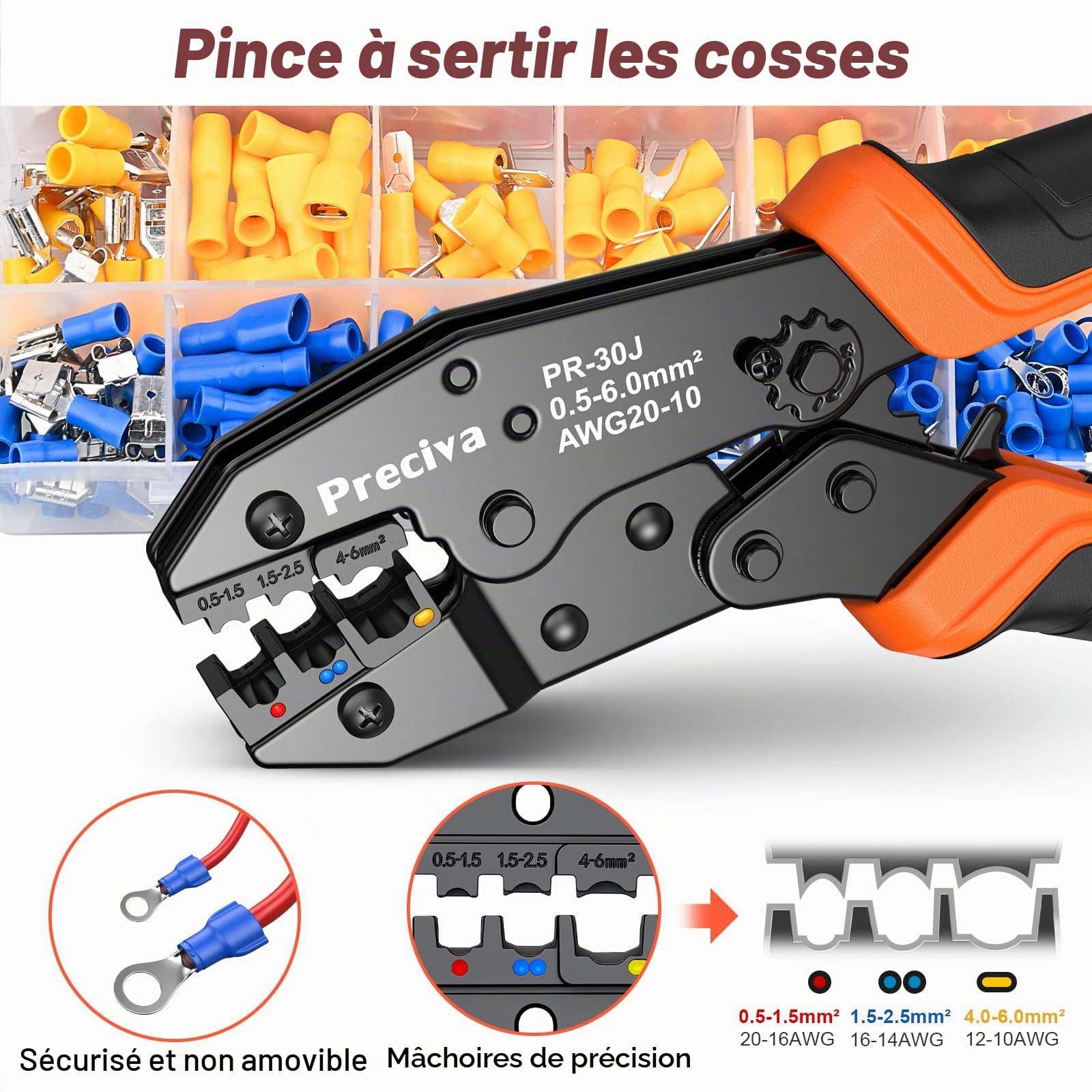 Pince à Sertir Preciva, 0.5-6mm², 18 Types, 400pcs Cosses Electriques, AWG20-10, Isolées pour Réparations Électriques