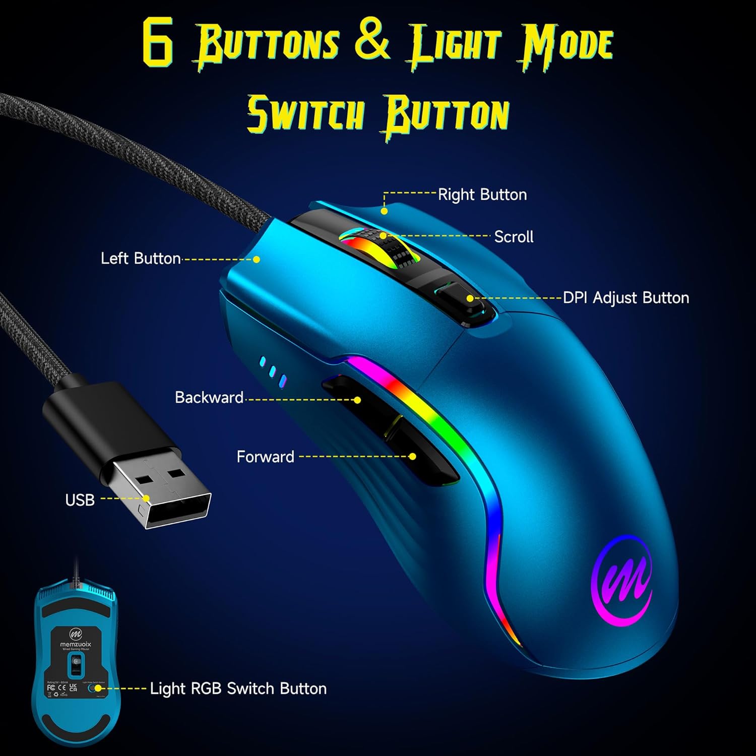 memzuoix Wired Gaming Mouse with RGB - 6 Adjustable DPI up to 12800, 6 Buttons, 12 Lighting Modes, Ergonomic Design with Anti-Slip Rubber Wheel, 5.6ft Braided Cable for PC/Mac/Windows - Blue